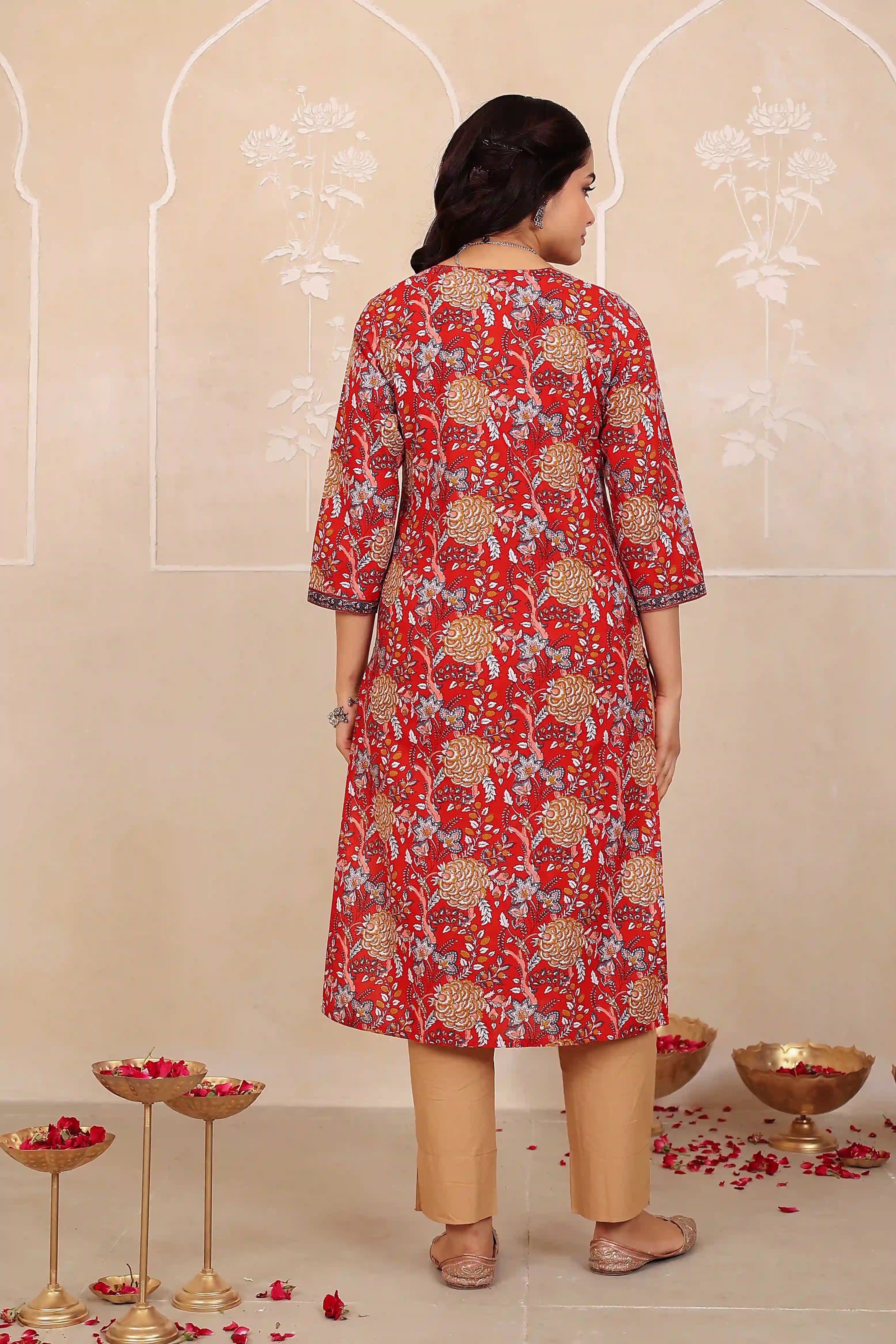 Dark Red Floral Printed Kurta