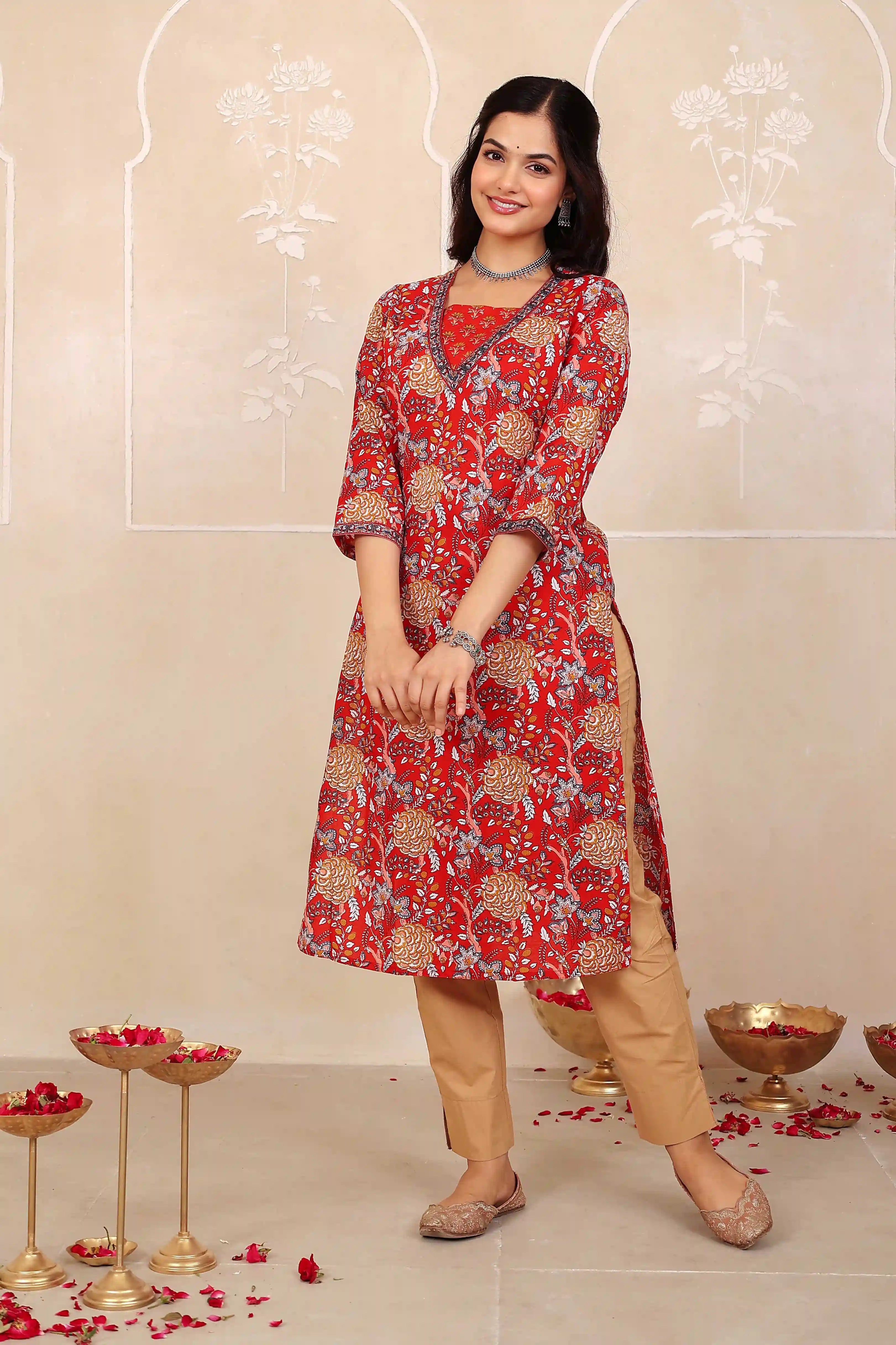 Dark Red Floral Printed Kurta