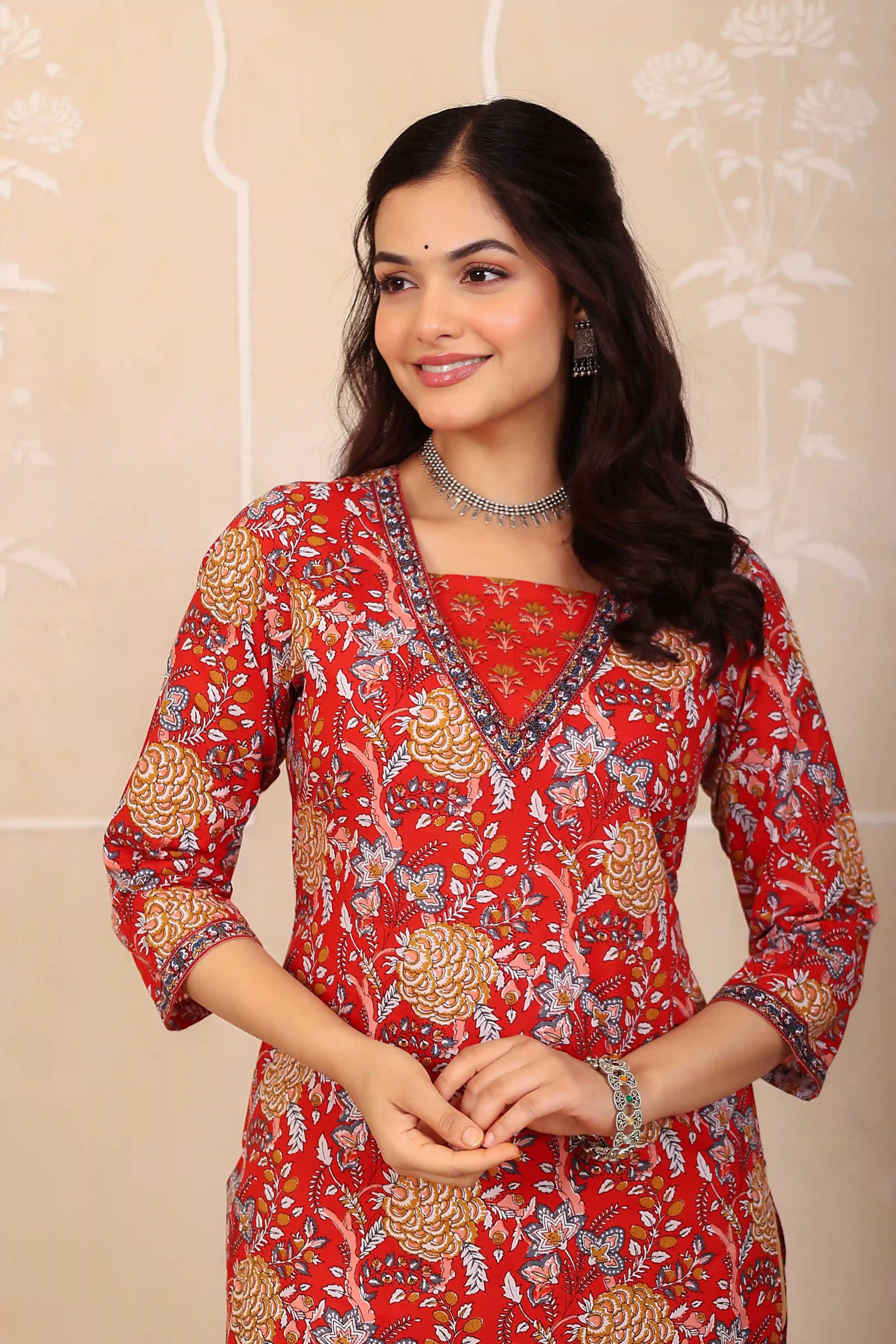 Dark Red Floral Printed Kurta