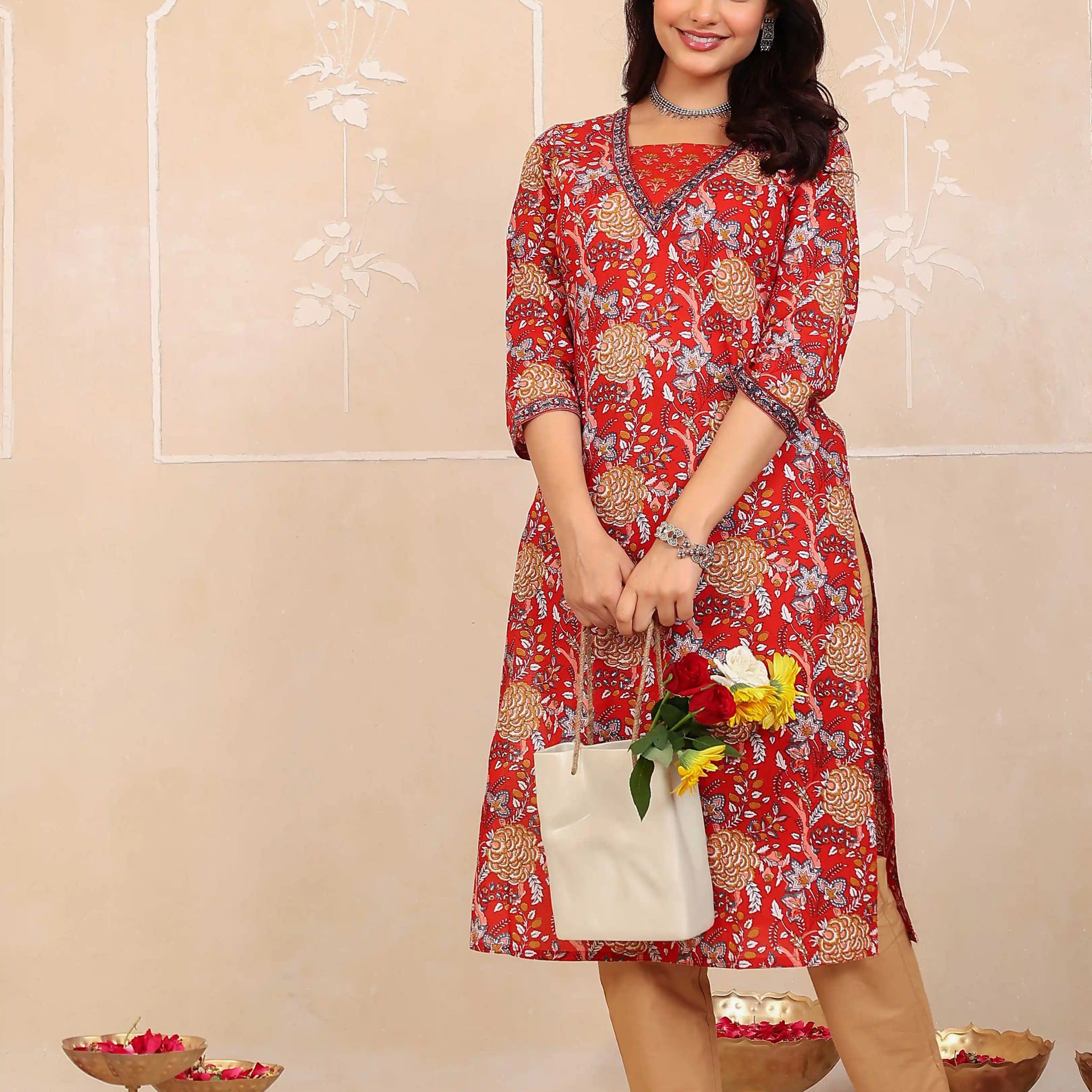 Dark Red Floral Printed Kurta