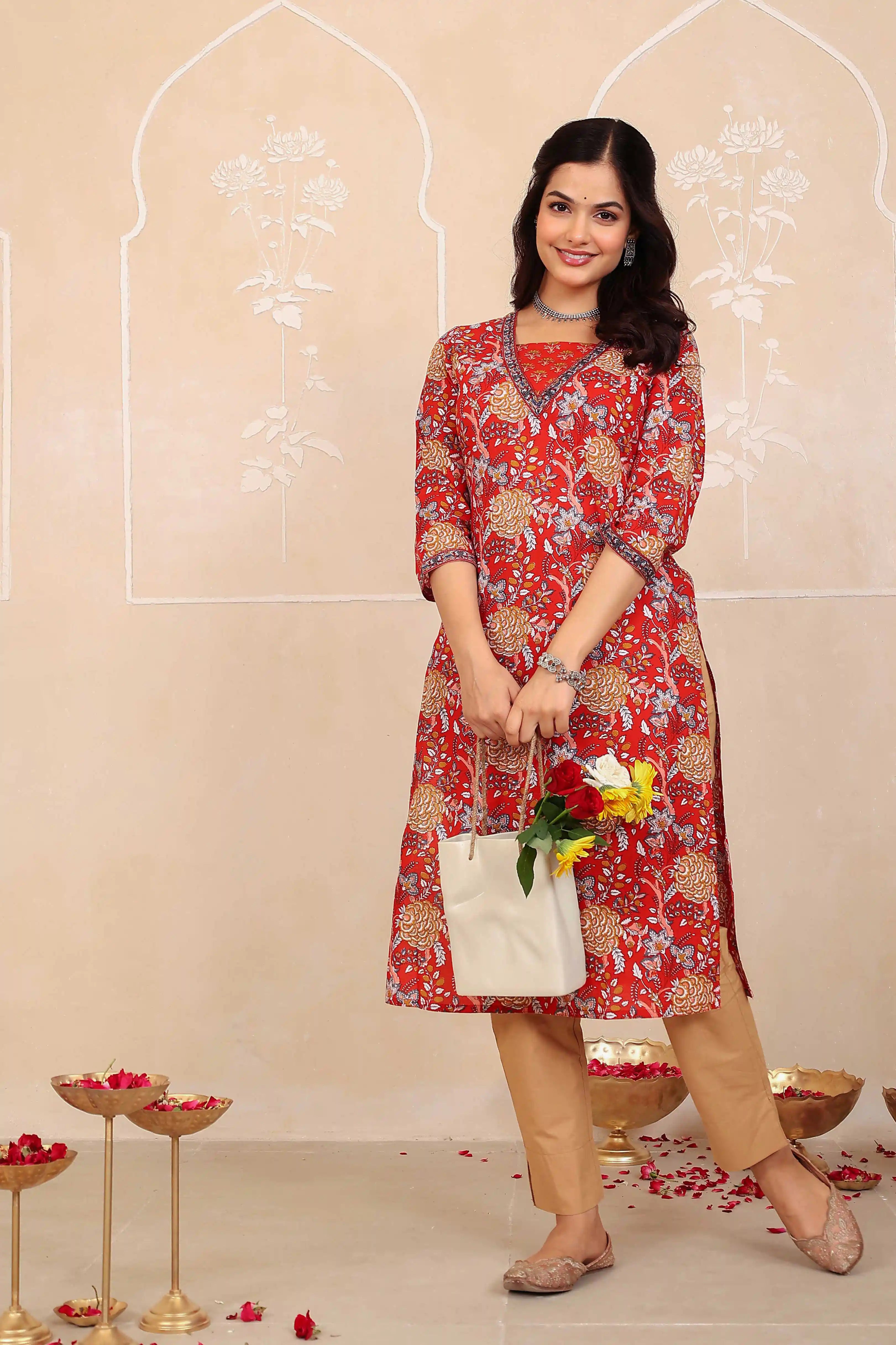 Dark Red Floral Printed Kurta