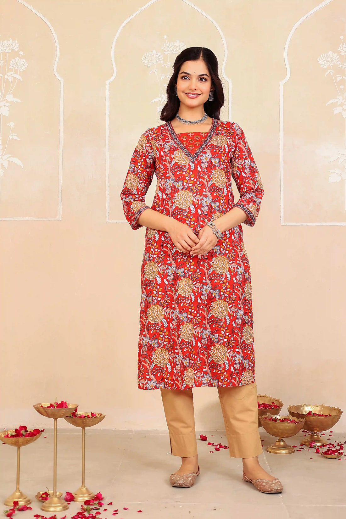 Dark Red Floral Printed Kurta