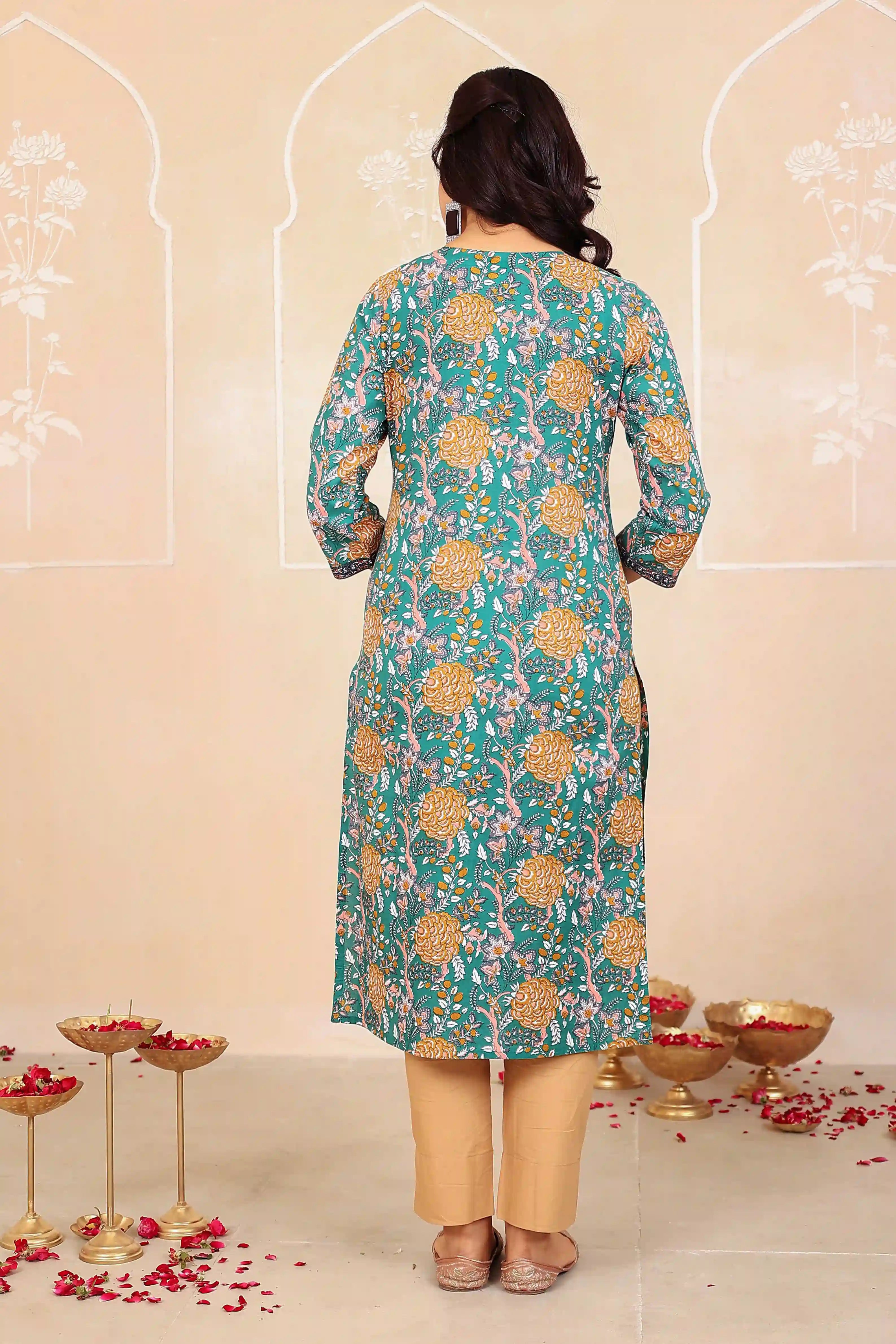 Dark Green Floral Printed Kurta