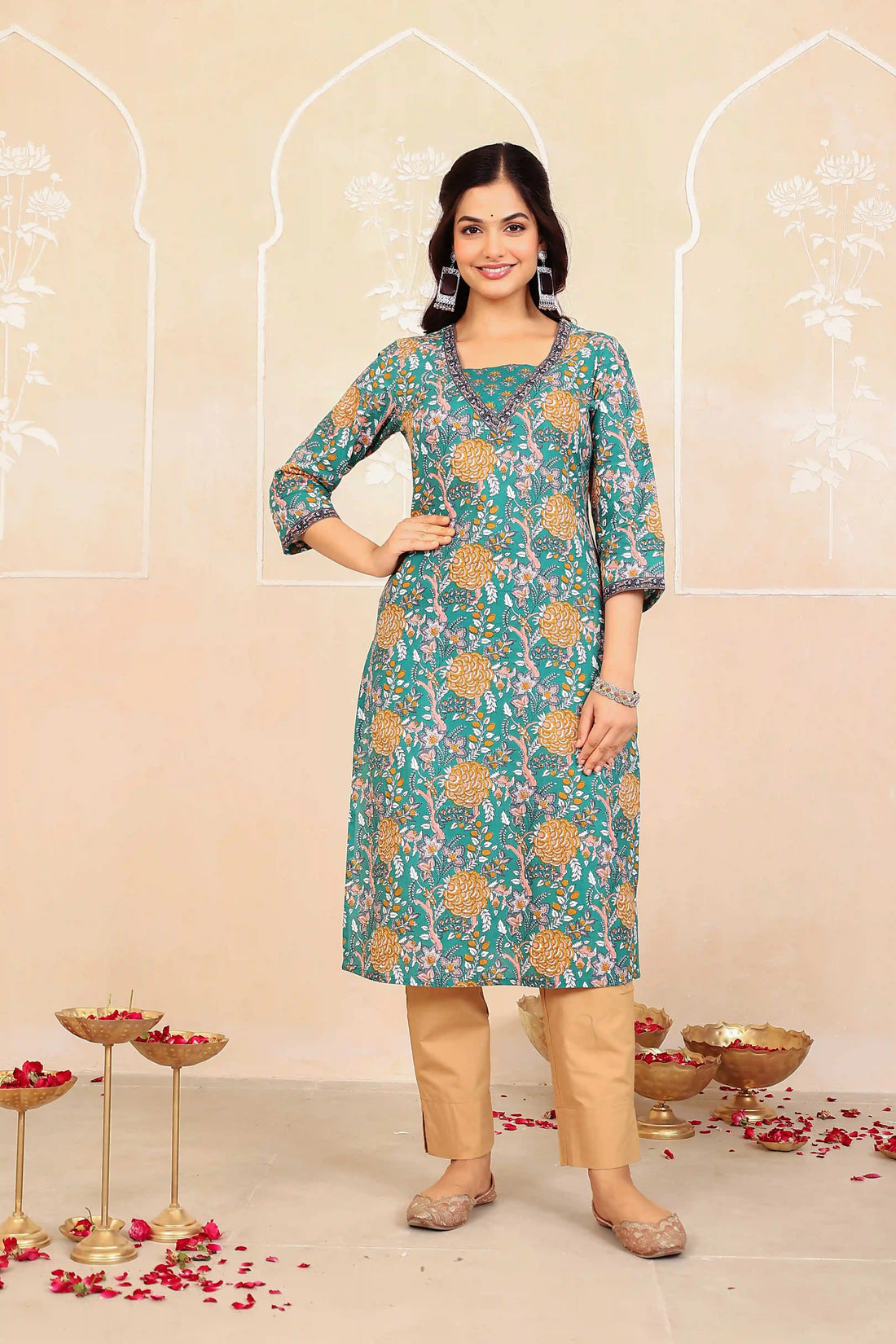 Dark Green Floral Printed Kurta