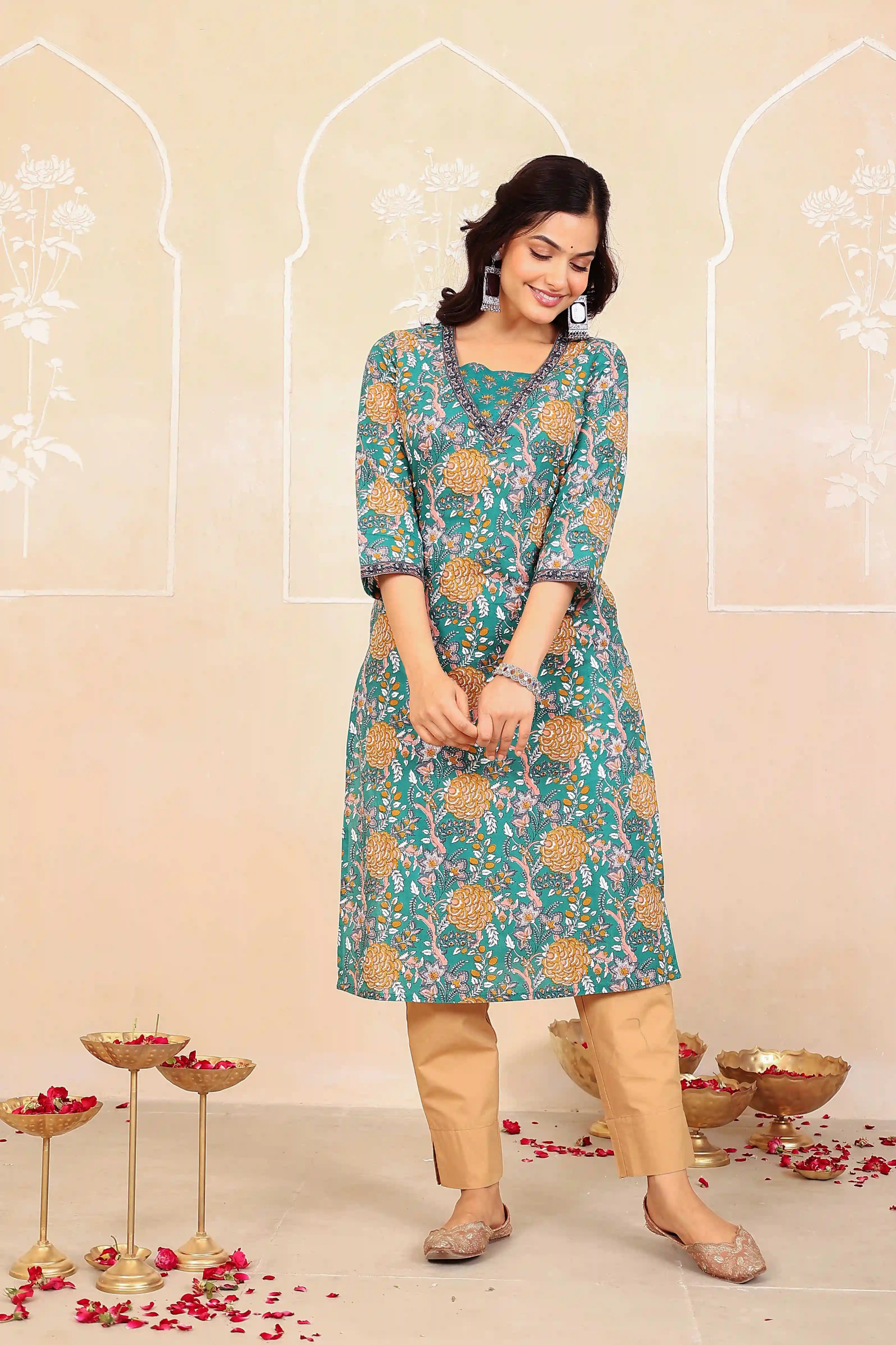 Dark Green Floral Printed Kurta