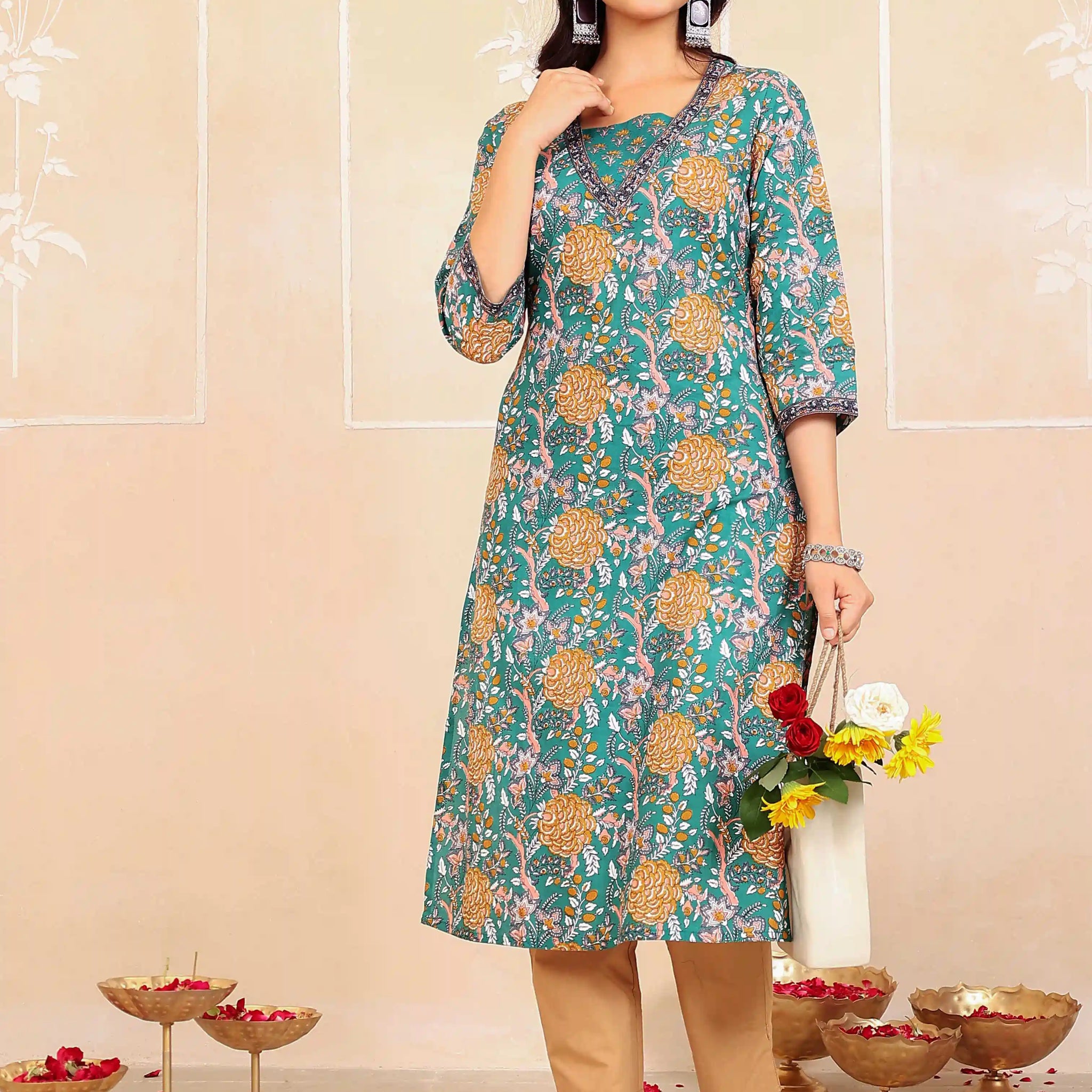 Dark Green Floral Printed Kurta