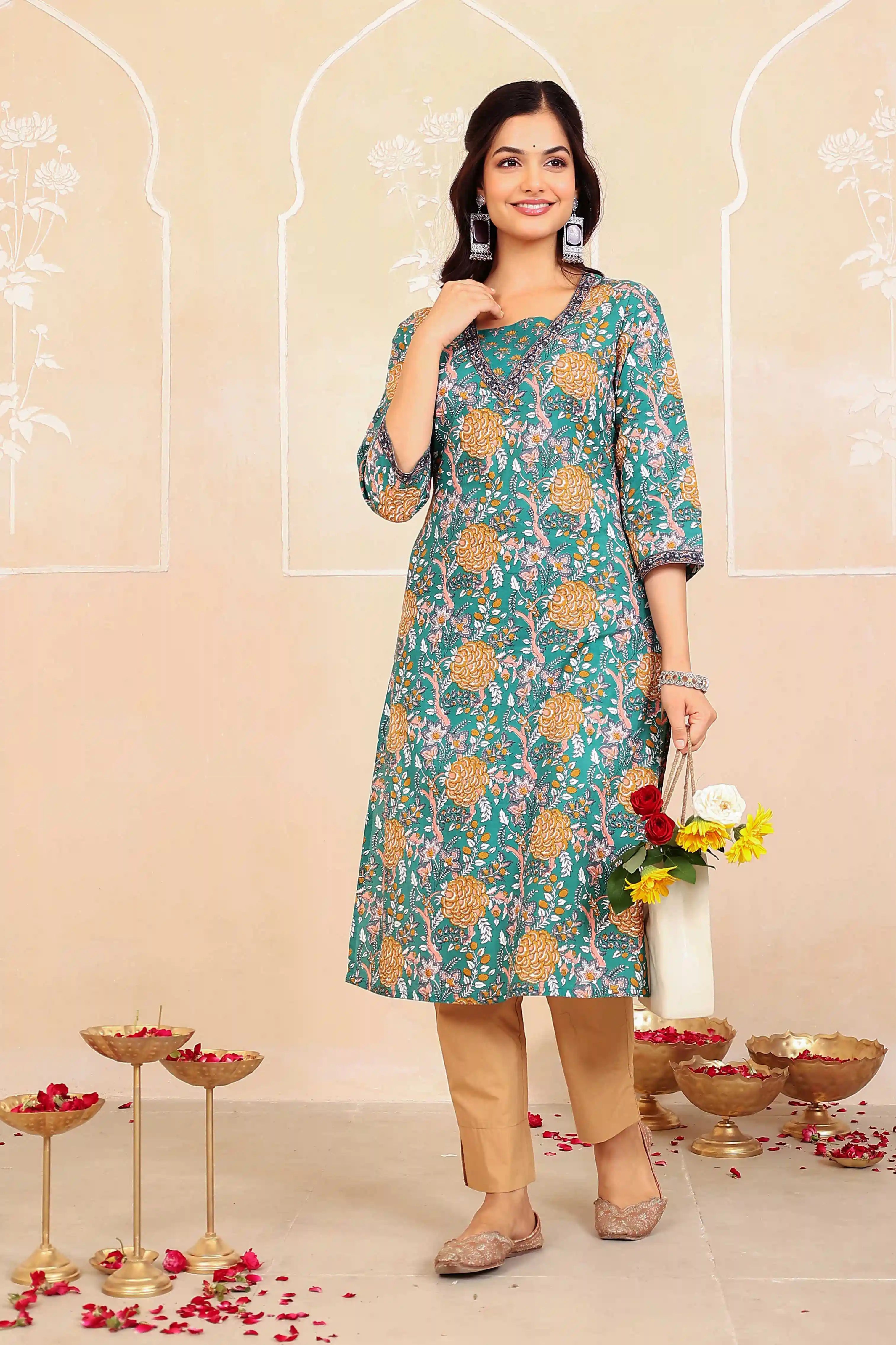 Dark Green Floral Printed Kurta
