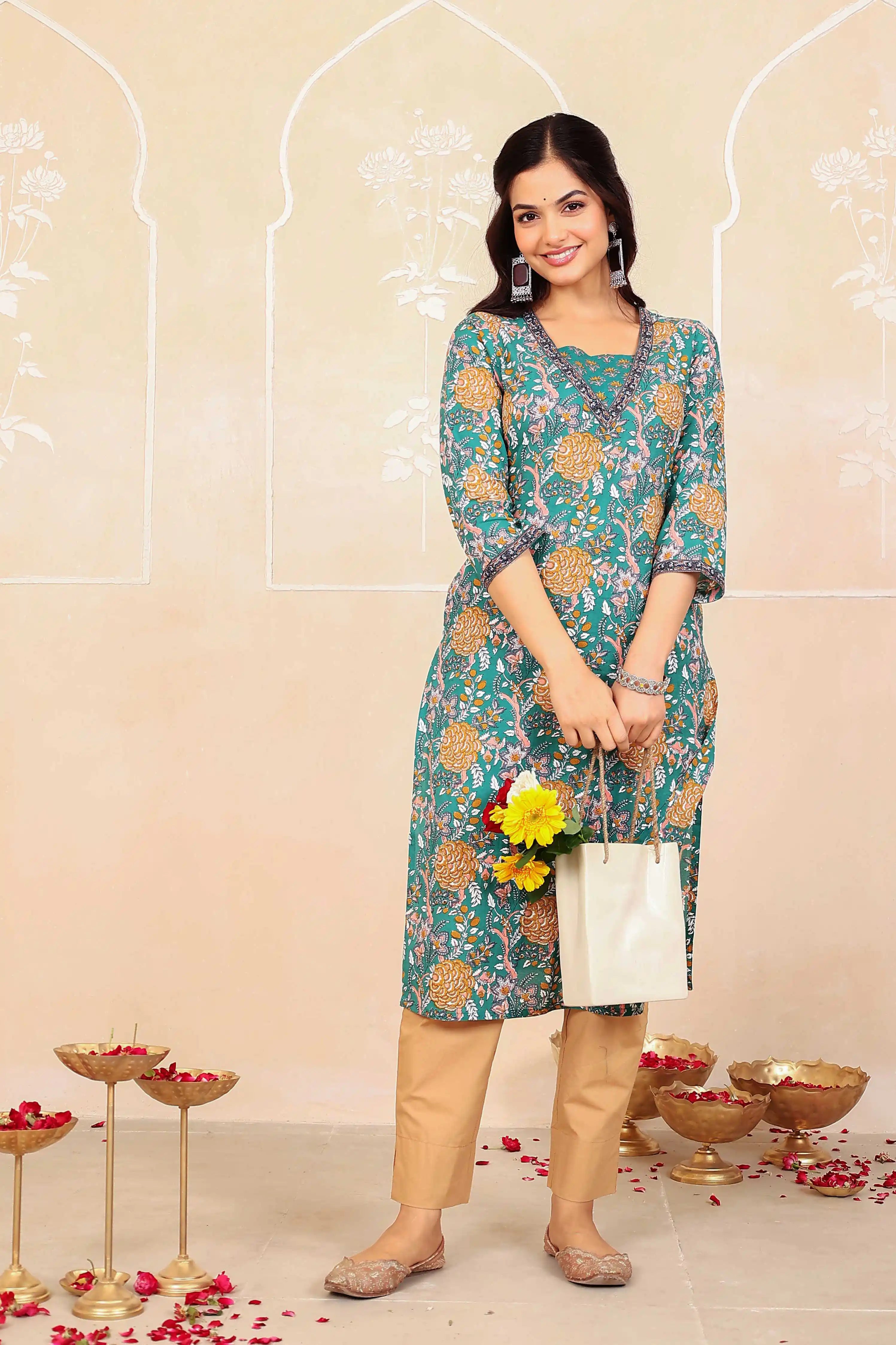 Dark Green Floral Printed Kurta
