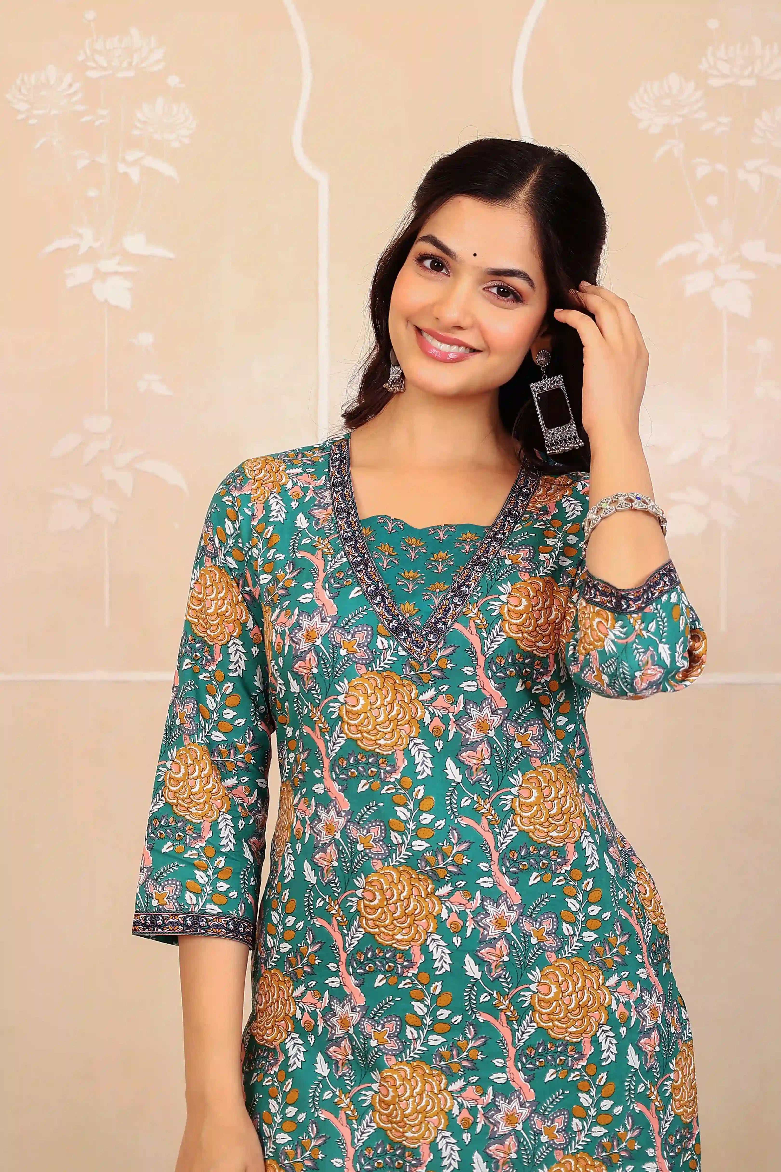 Dark Green Floral Printed Kurta