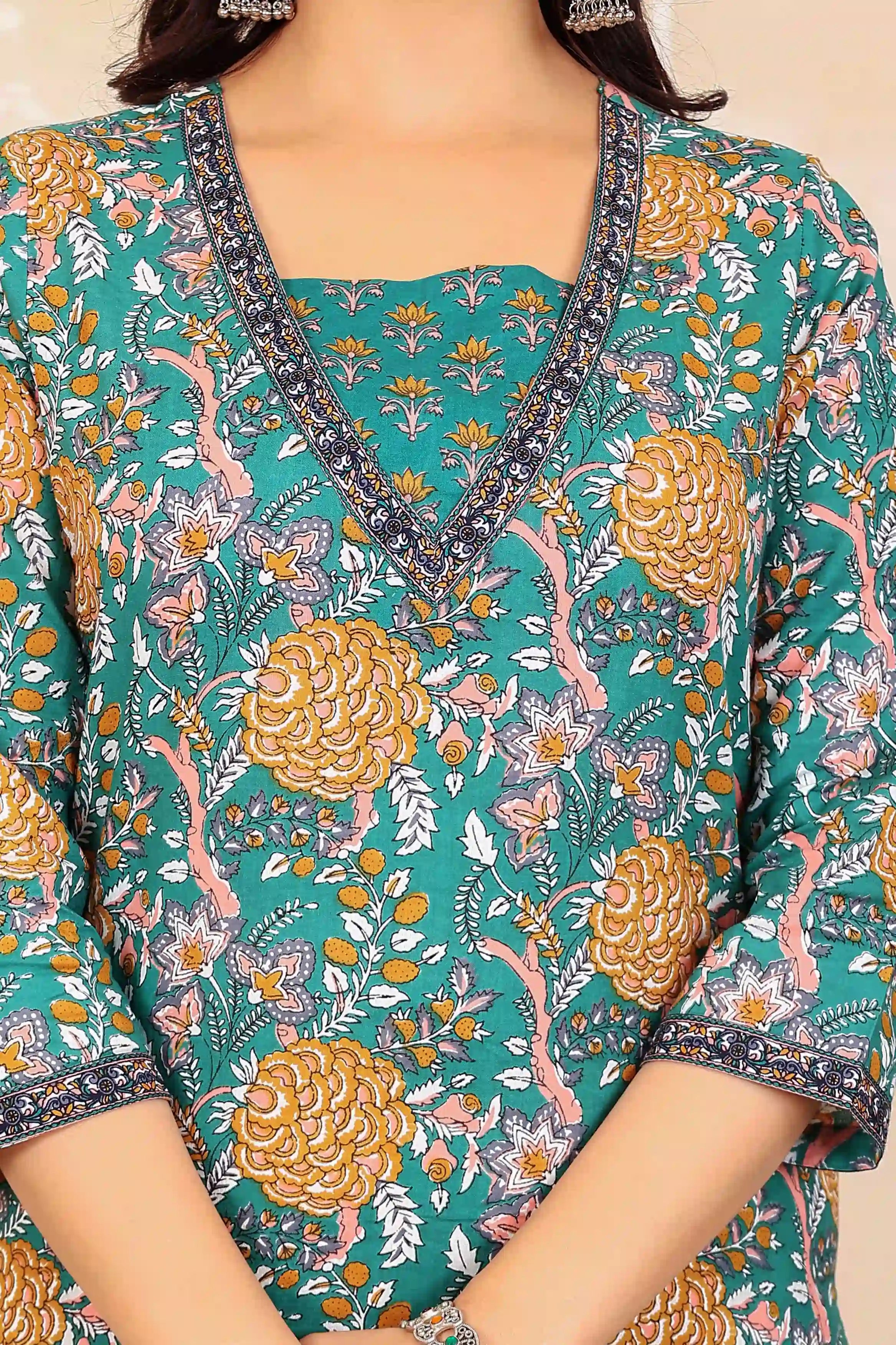 Dark Green Floral Printed Kurta
