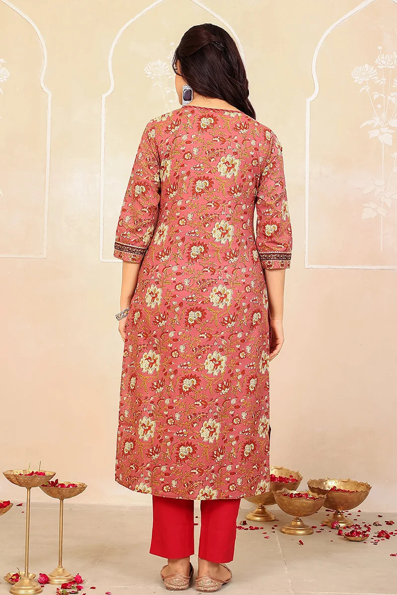 Brown Floral Hand Print Kurta