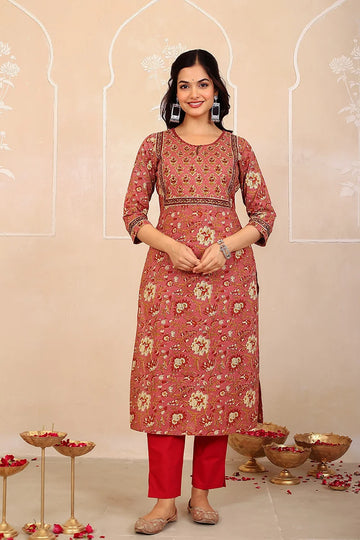 Brown Floral Hand Print Kurta