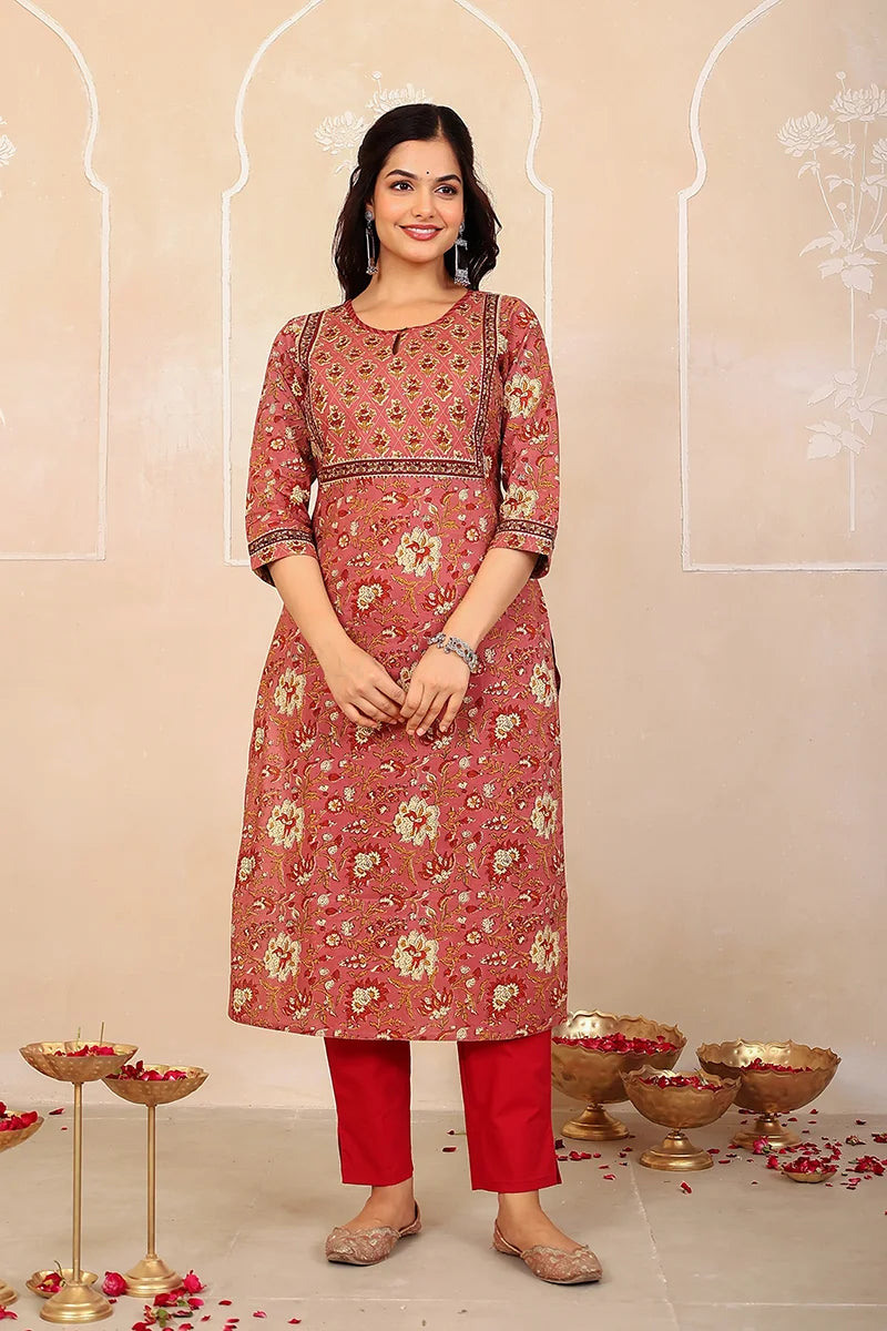 Brown Floral Hand Print Kurta
