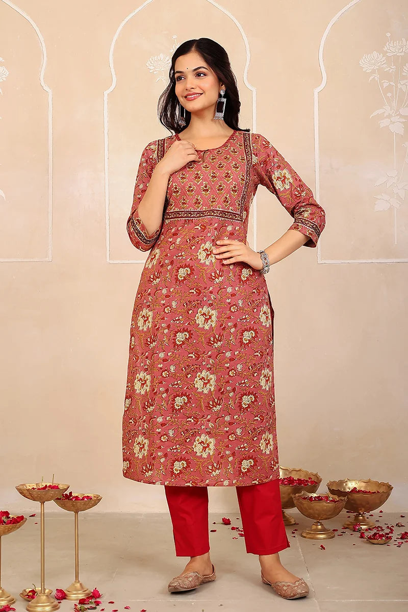 Brown Floral Hand Print Kurta