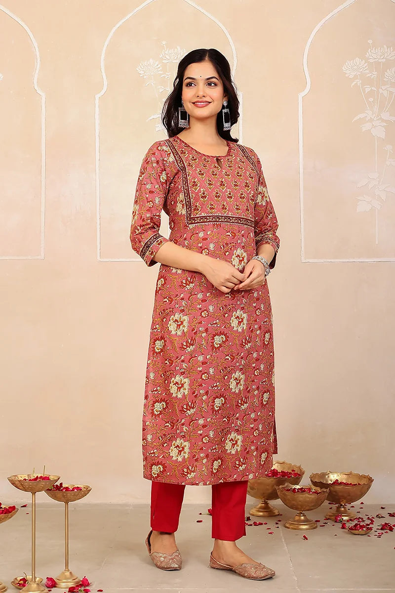 Brown Floral Hand Print Kurta