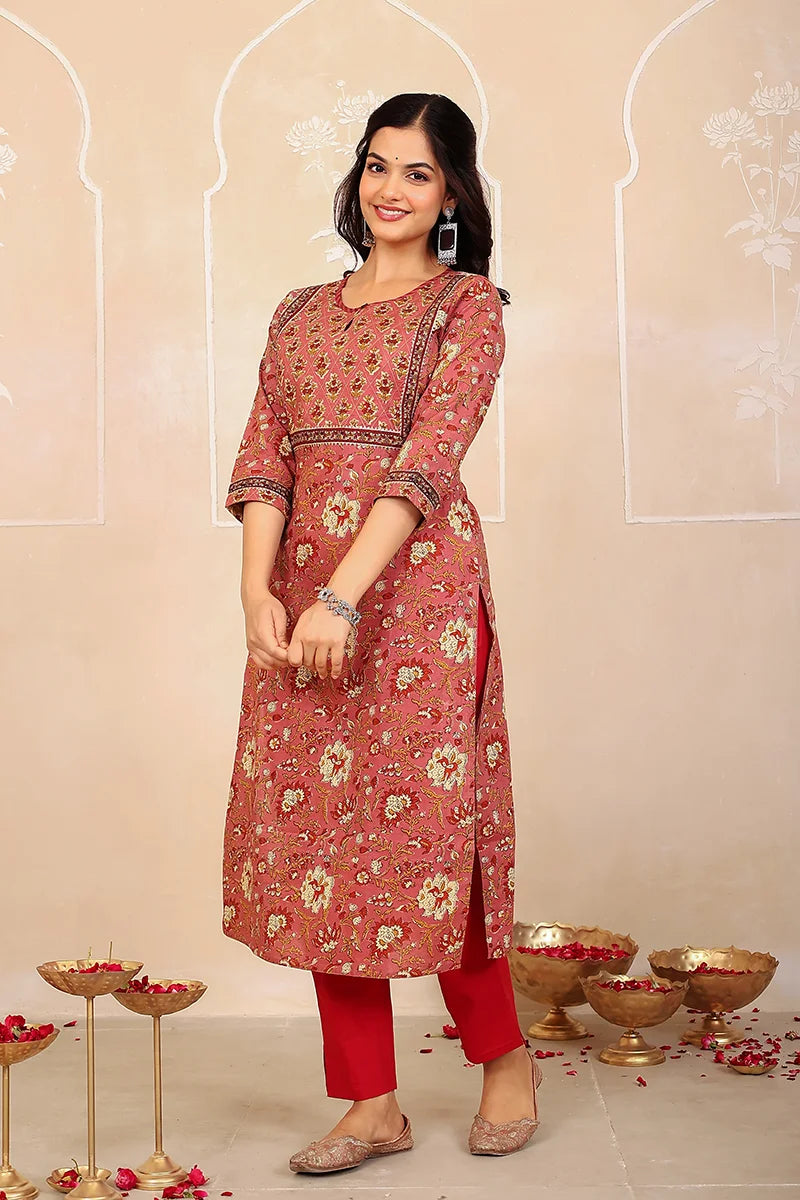 Brown Floral Hand Print Kurta
