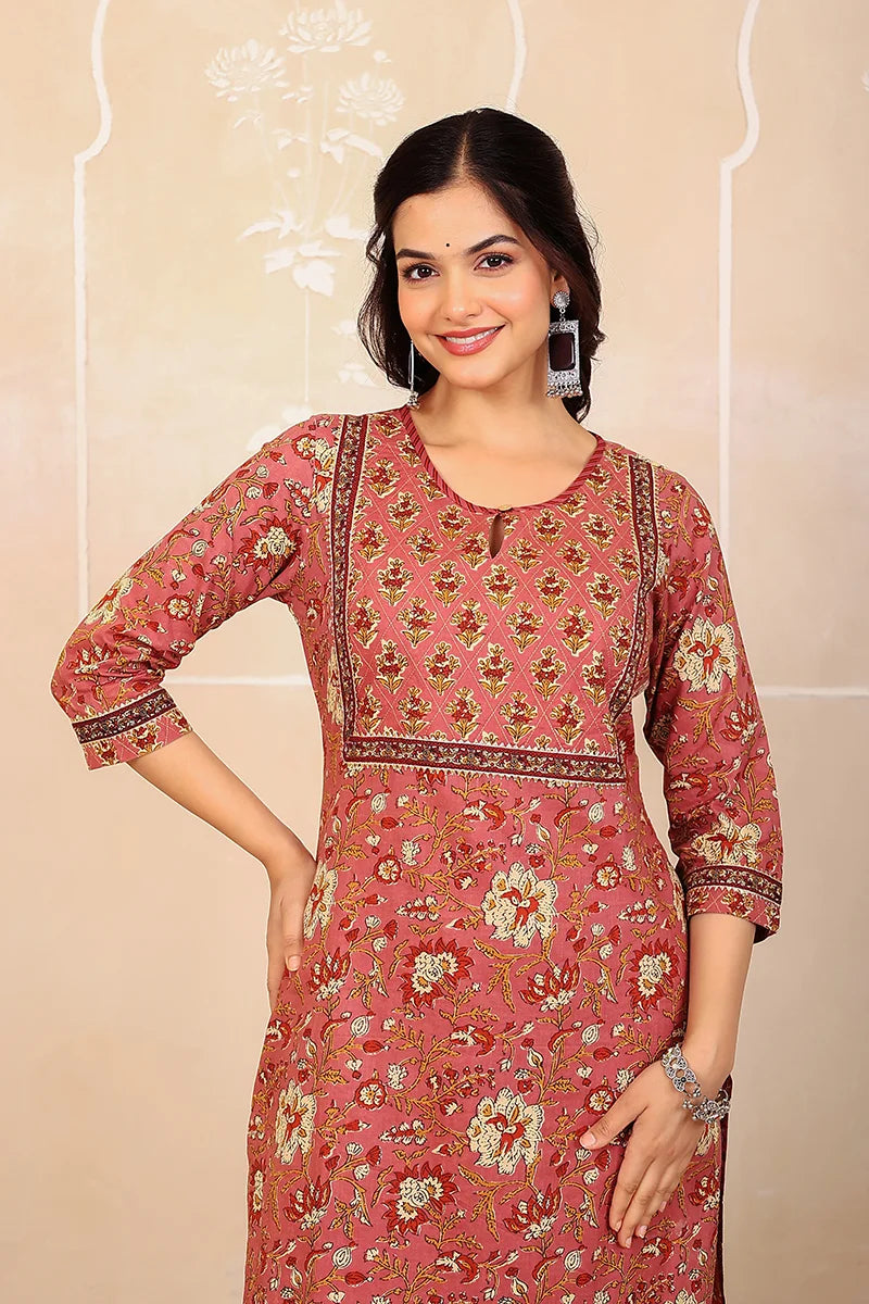 Brown Floral Hand Print Kurta