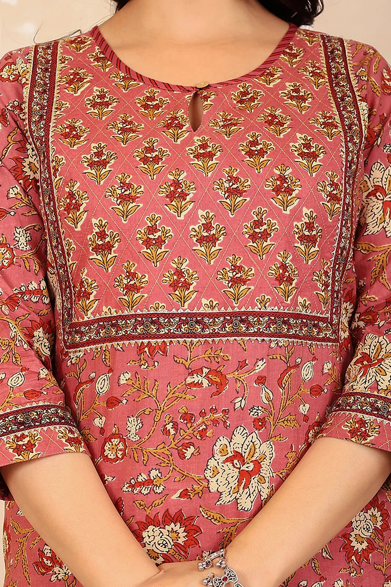 Brown Floral Hand Print Kurta