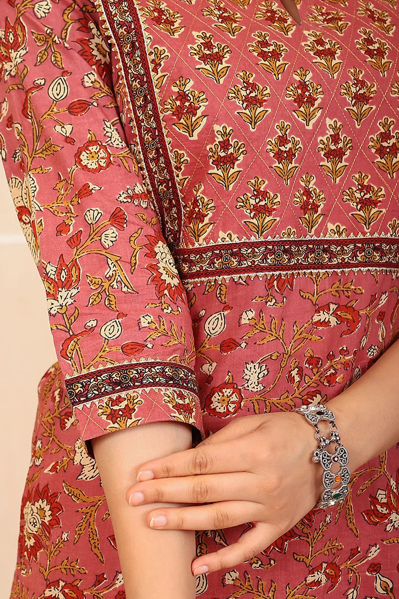 Brown Floral Hand Print Kurta
