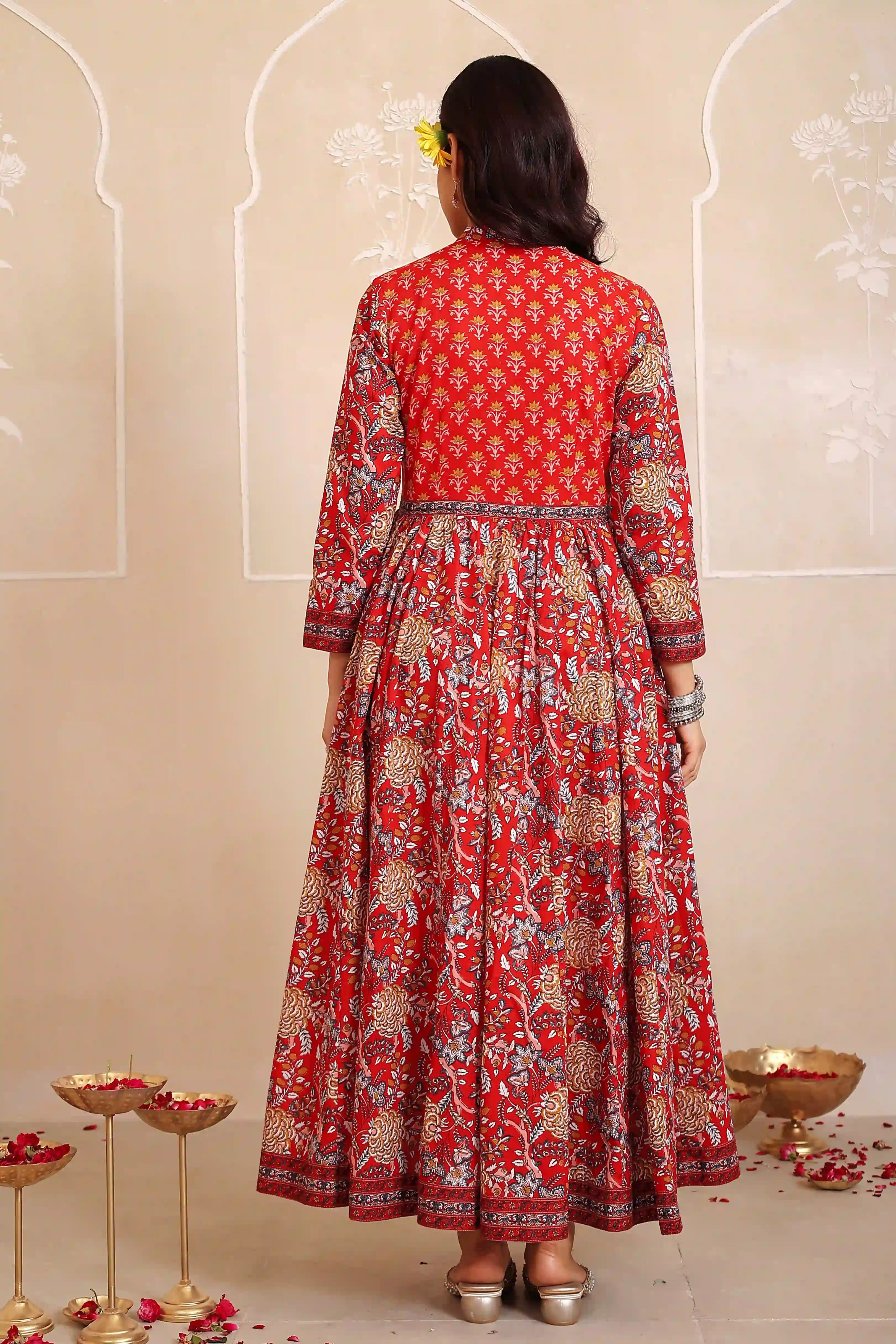 Dark Red Anarkali Cotton Hand Printed Ethnic Maxi Dress