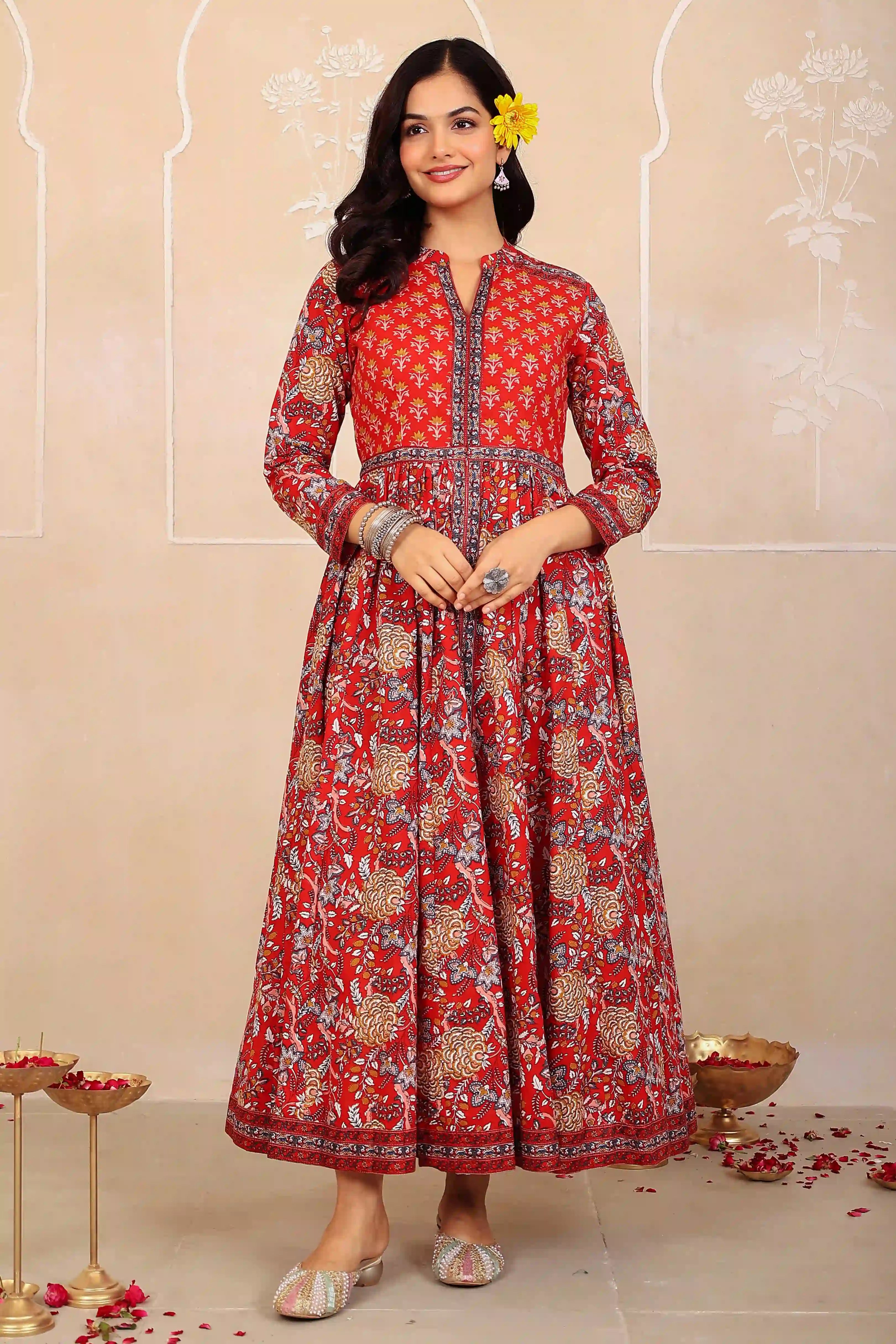 Dark Red Anarkali Cotton Hand Printed Ethnic Maxi Dress