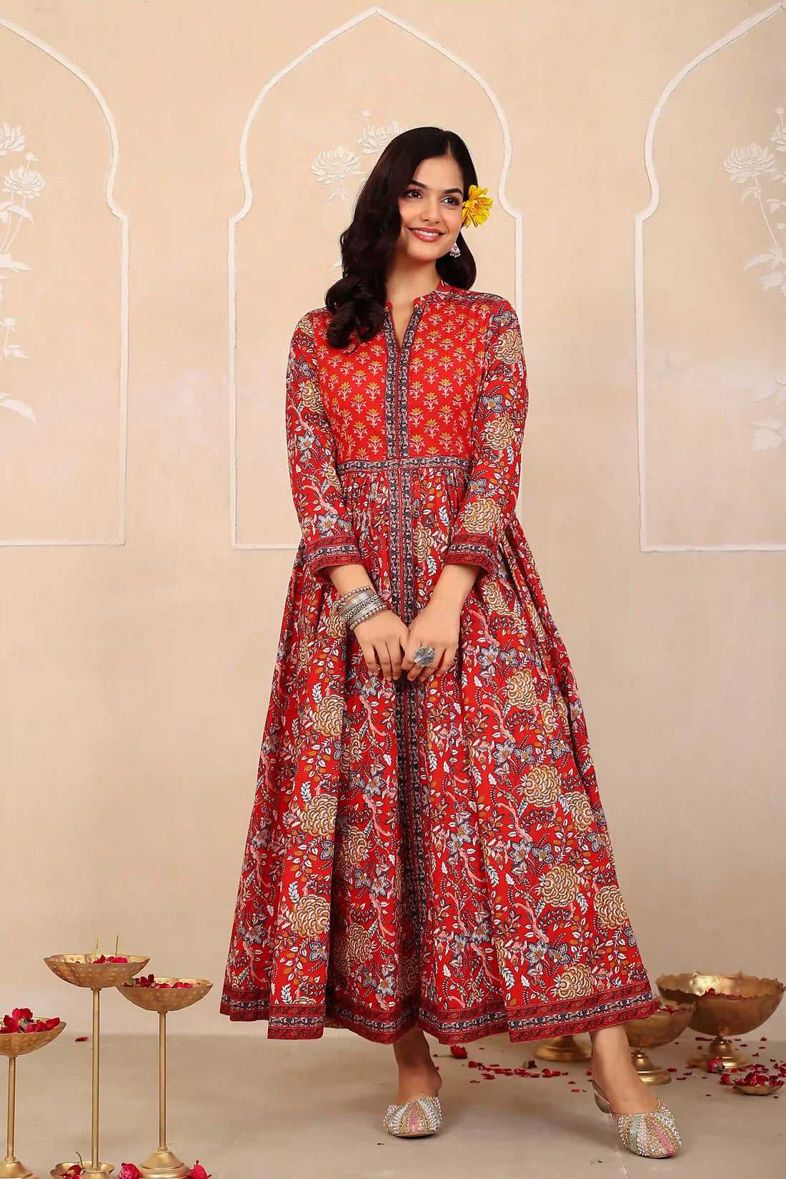 Dark Red Anarkali Cotton Hand Printed Ethnic Maxi Dress