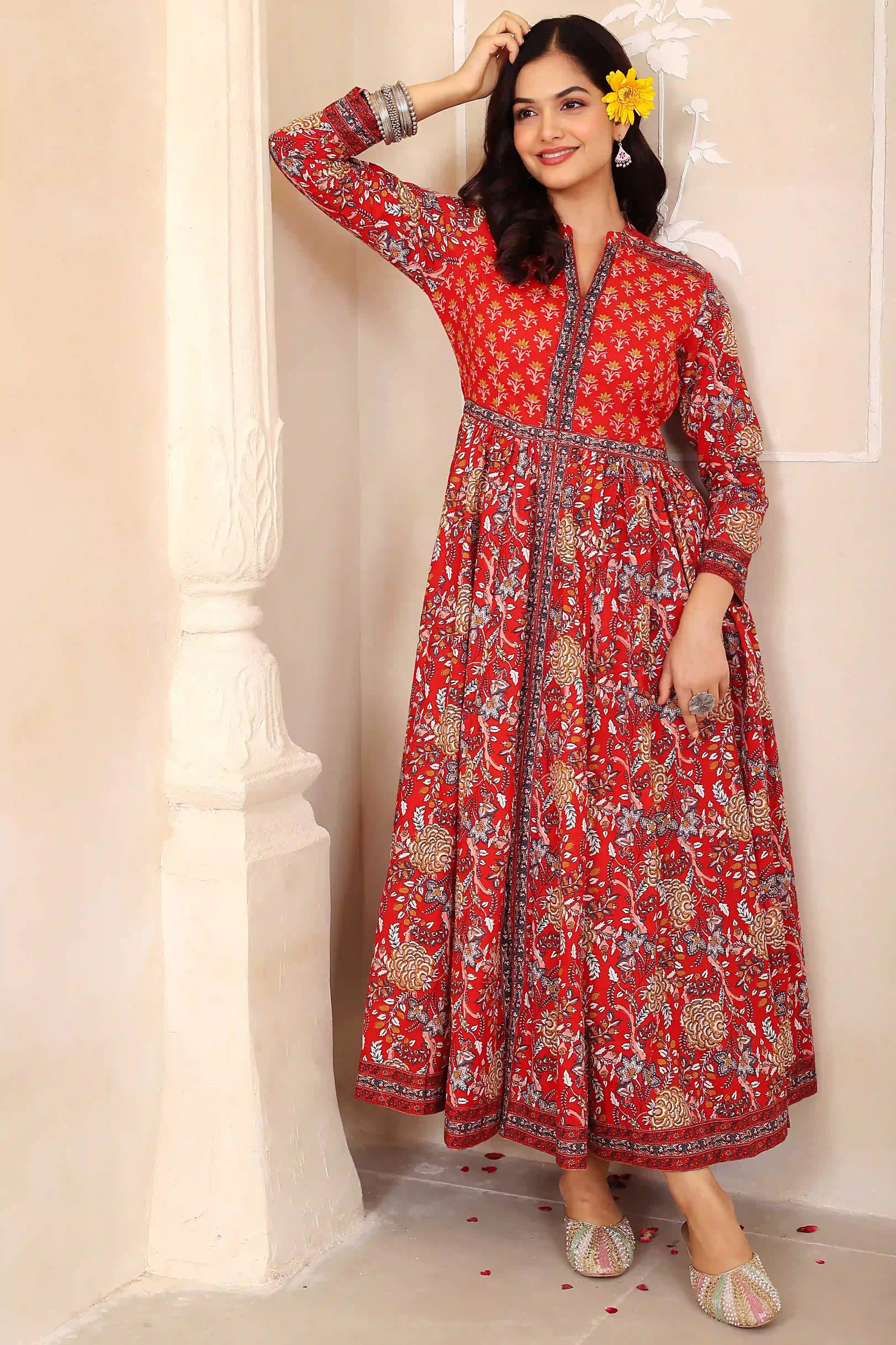 Dark Red Anarkali Cotton Hand Printed Ethnic Maxi Dress