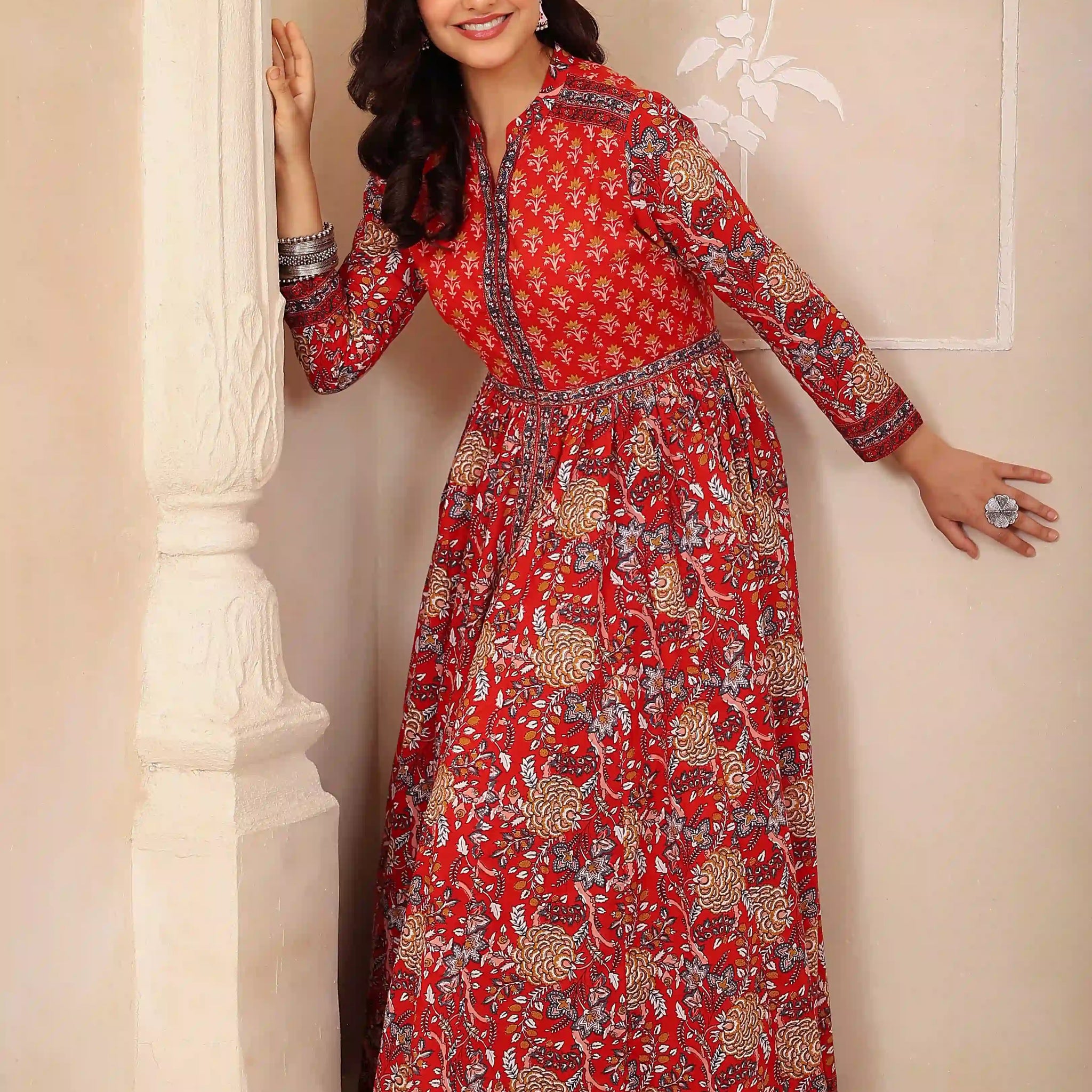 Dark Red Anarkali Cotton Hand Printed Ethnic Maxi Dress