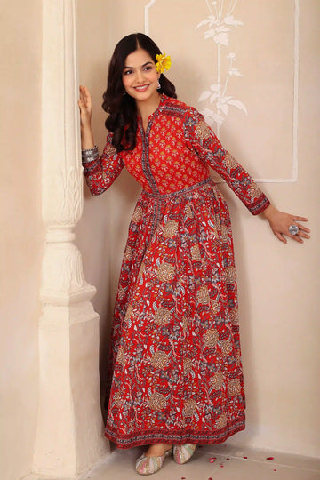 Dark Red Anarkali Cotton Hand Printed Ethnic Maxi Dress