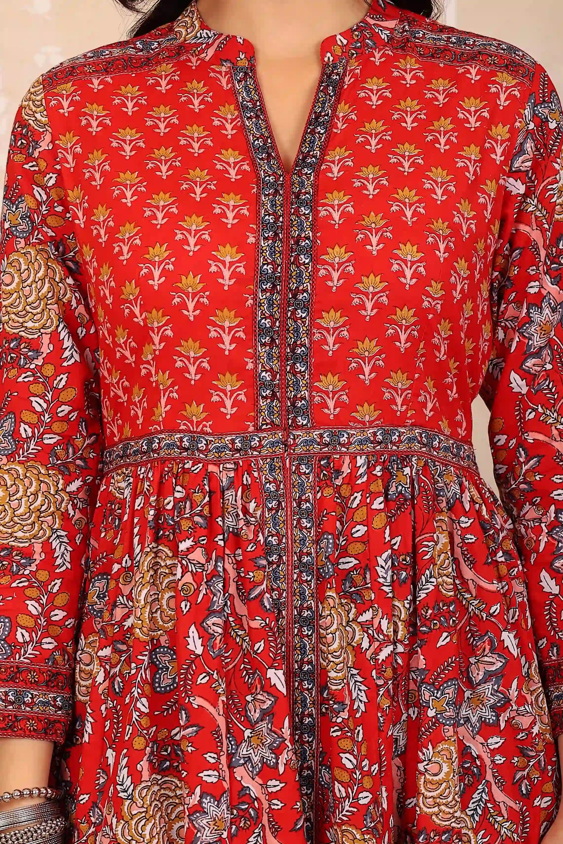 Dark Red Anarkali Cotton Hand Printed Ethnic Maxi Dress