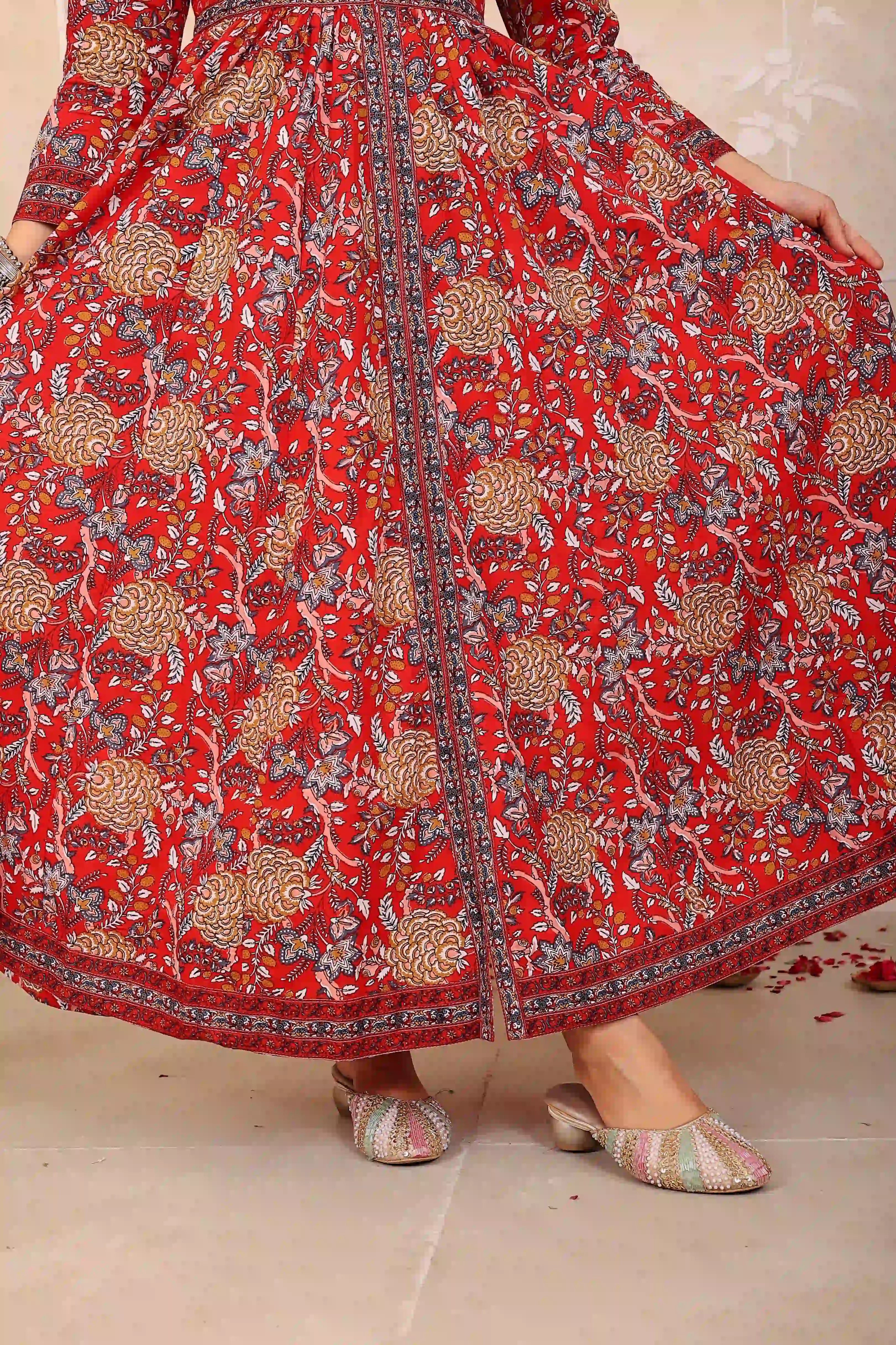 Dark Red Anarkali Cotton Hand Printed Ethnic Maxi Dress