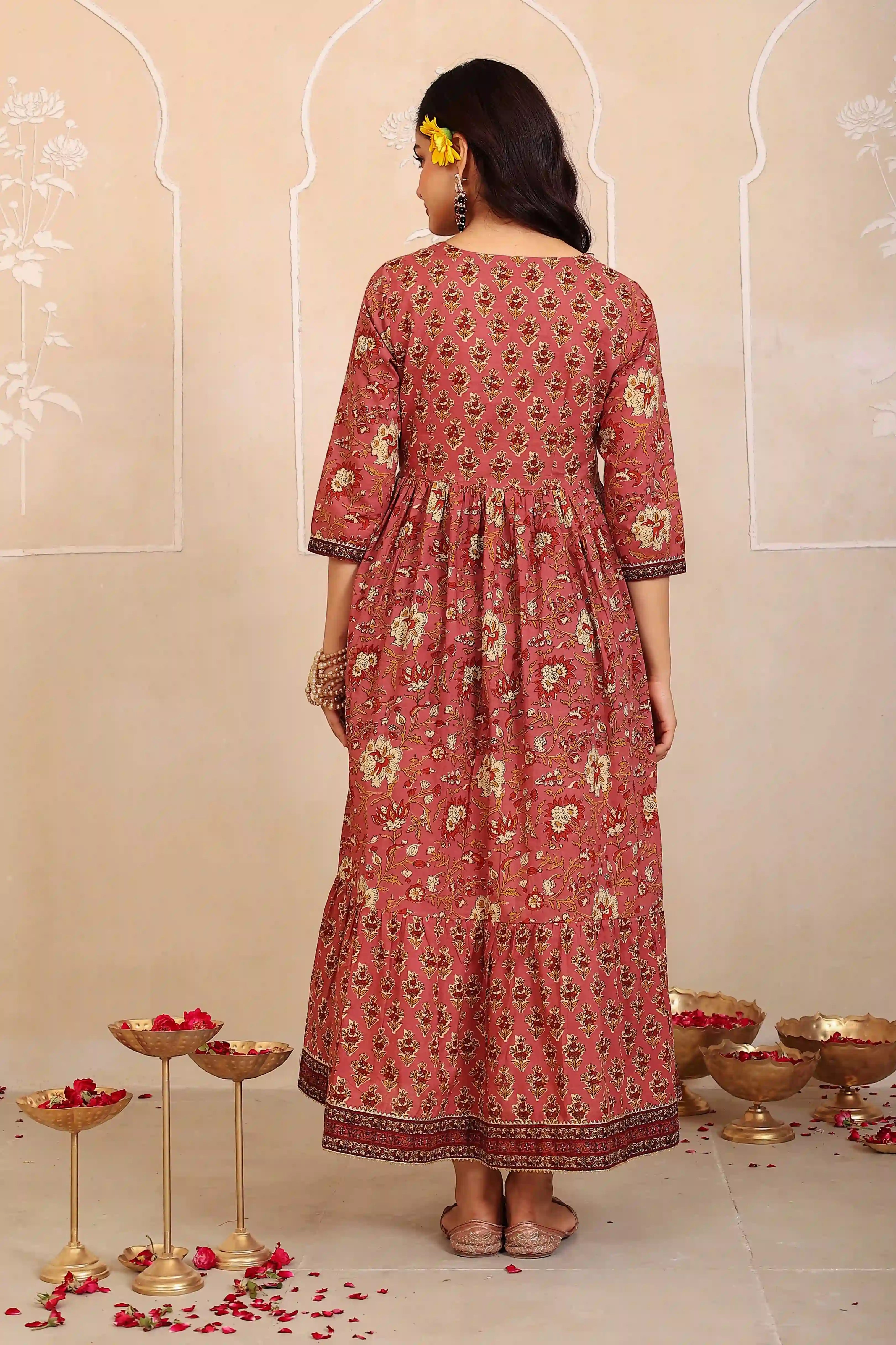 Brown Floral Hand Printed Angrakha Kurta