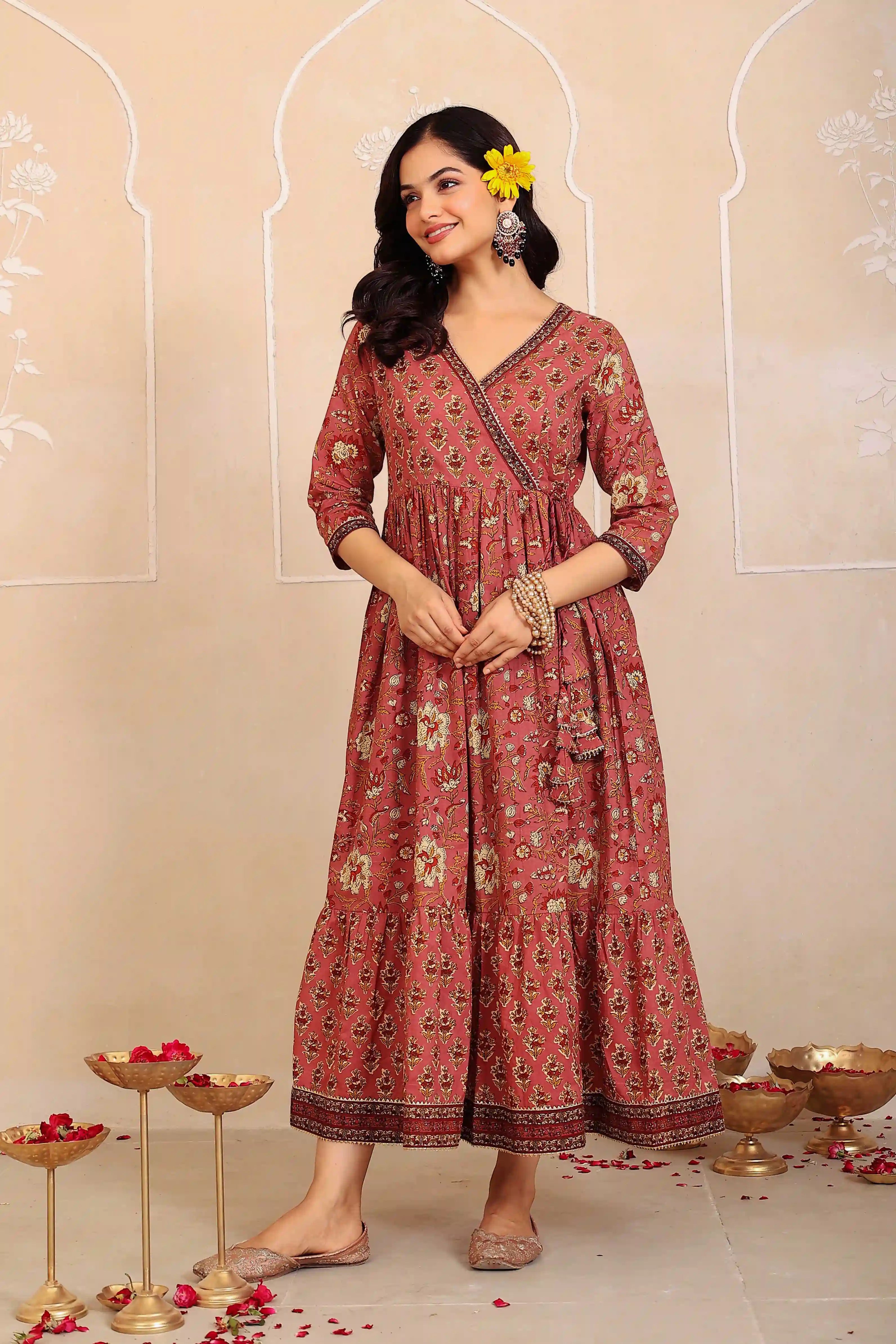 Brown Floral Hand Printed Angrakha Kurta