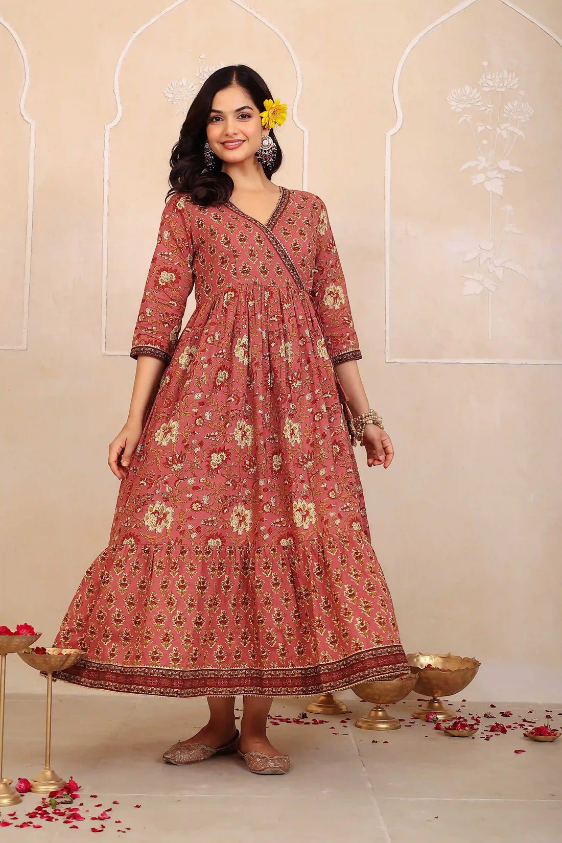 Brown Floral Hand Printed Angrakha Kurta