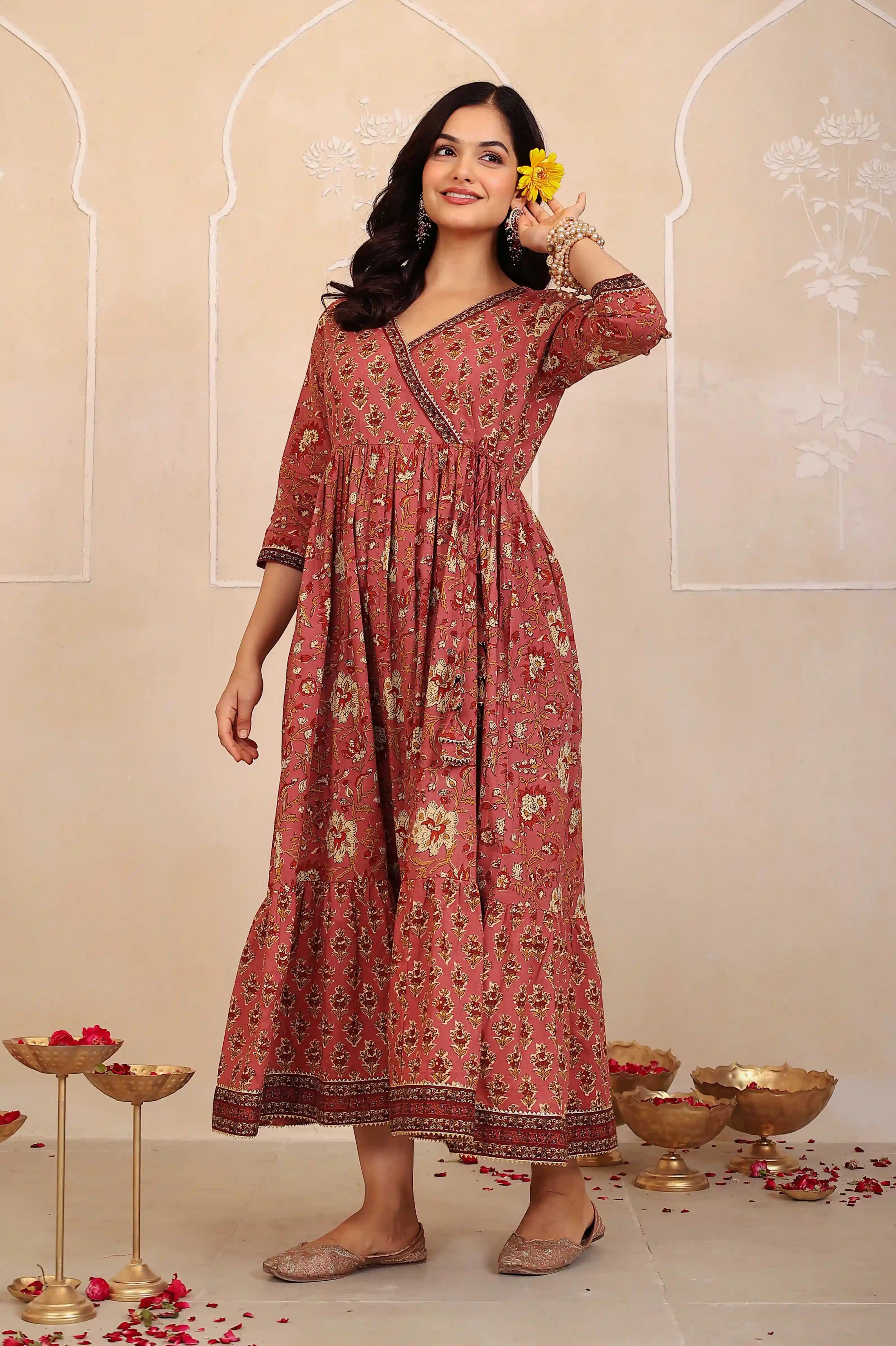 Brown Floral Hand Printed Angrakha Kurta