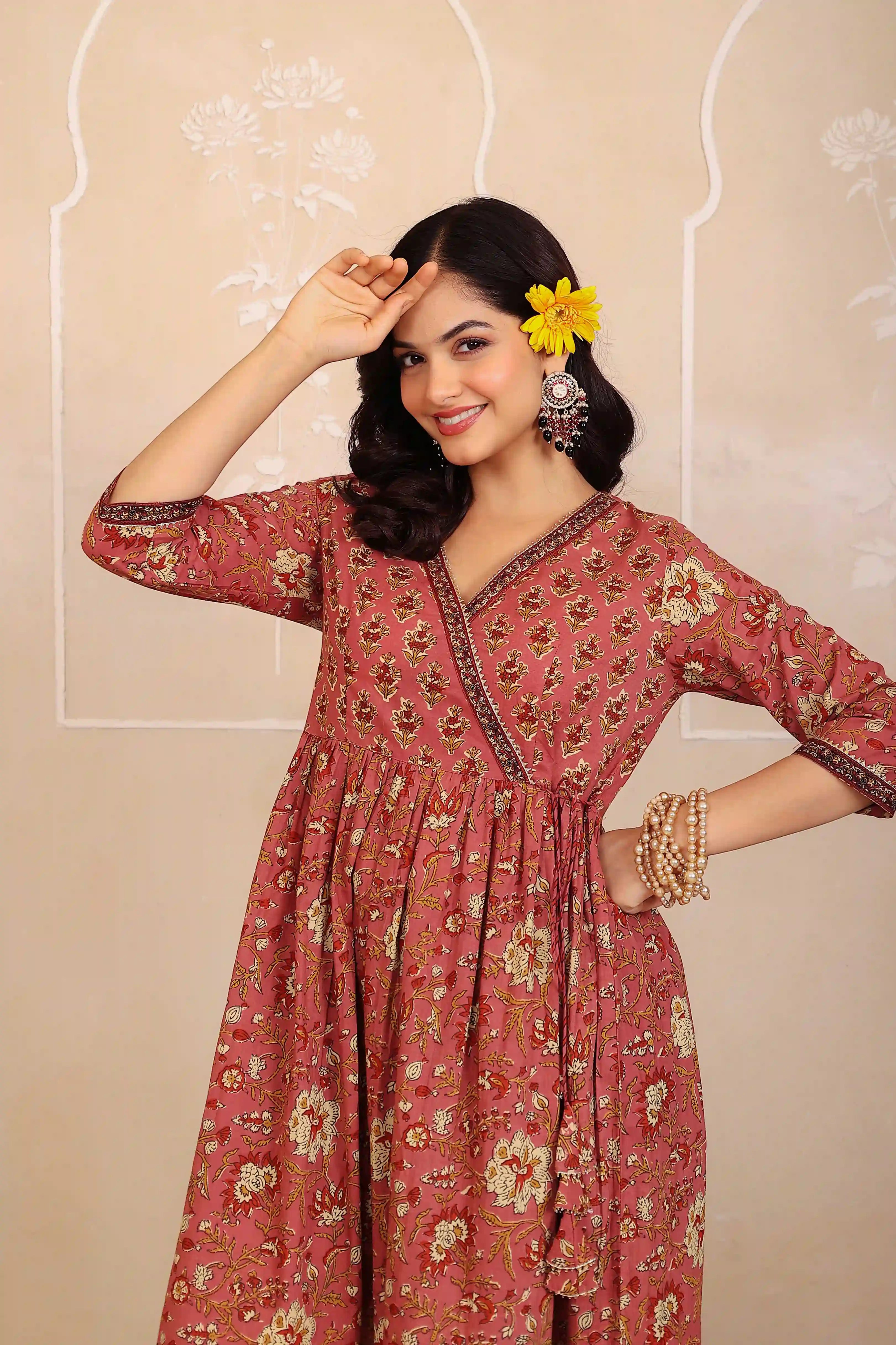 Brown Floral Hand Printed Angrakha Kurta