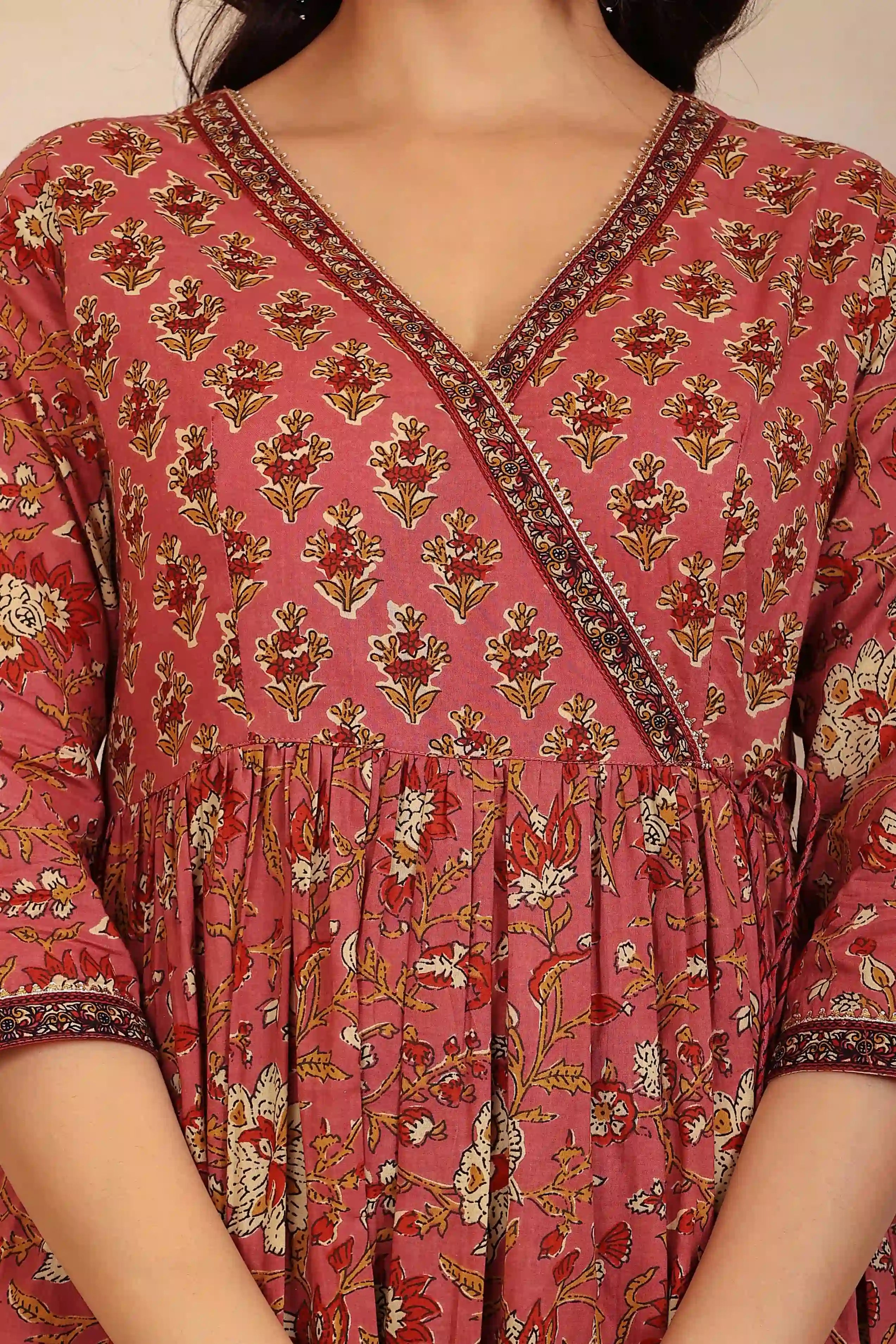 Brown Floral Hand Printed Angrakha Kurta