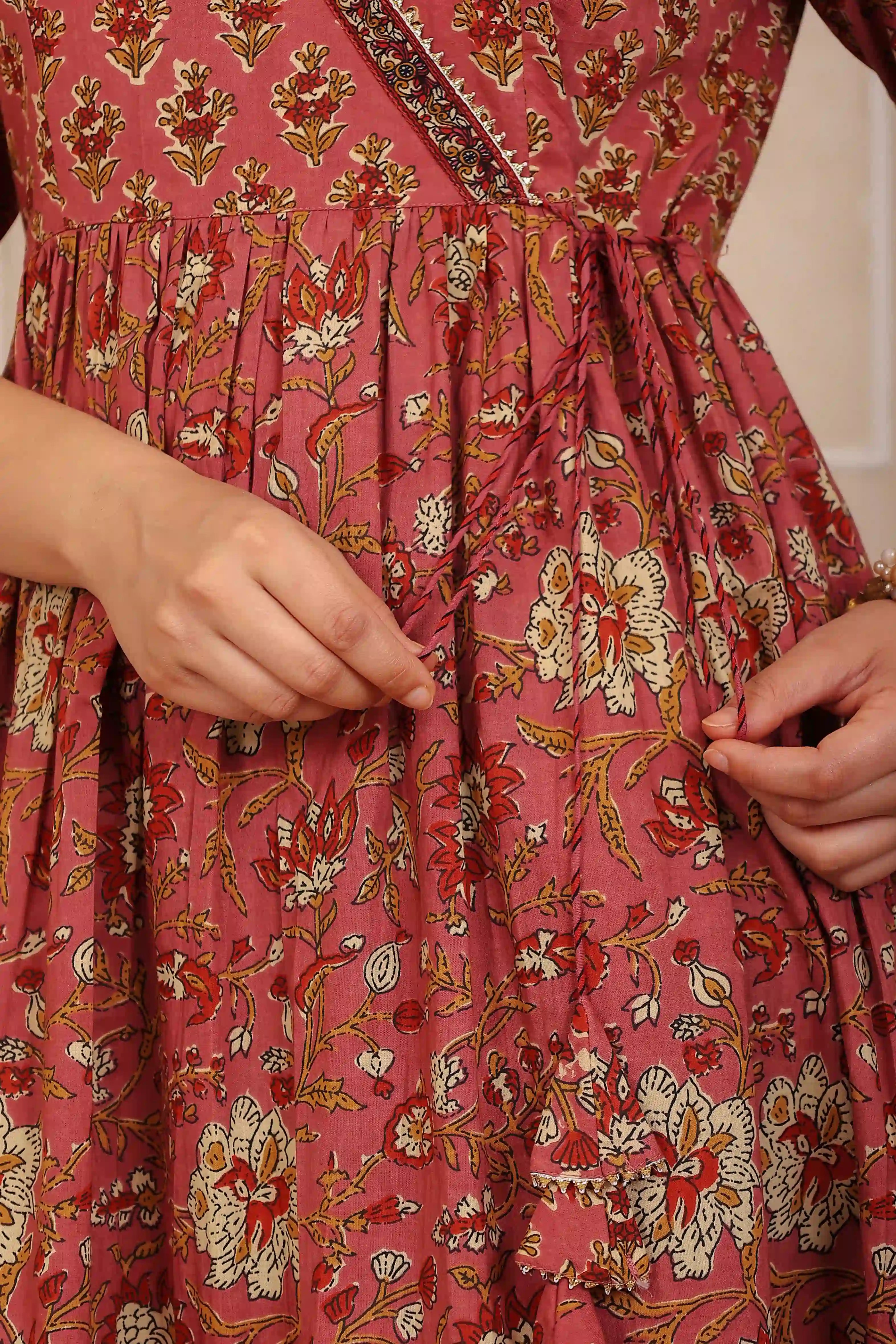 Brown Floral Hand Printed Angrakha Kurta