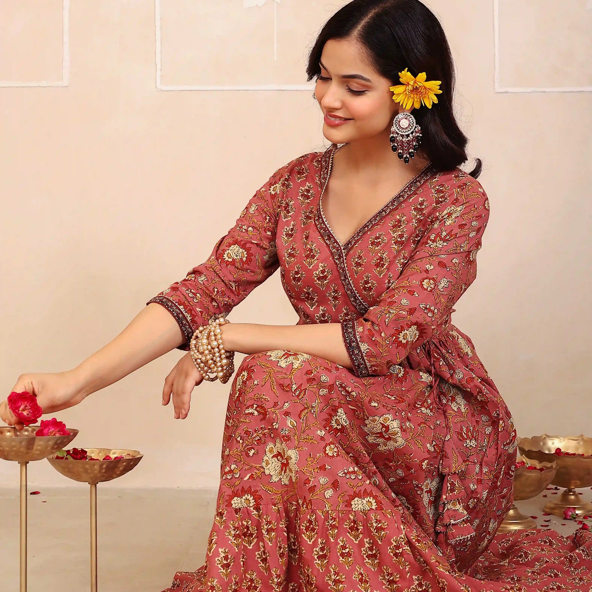Brown Floral Hand Printed Angrakha Kurta