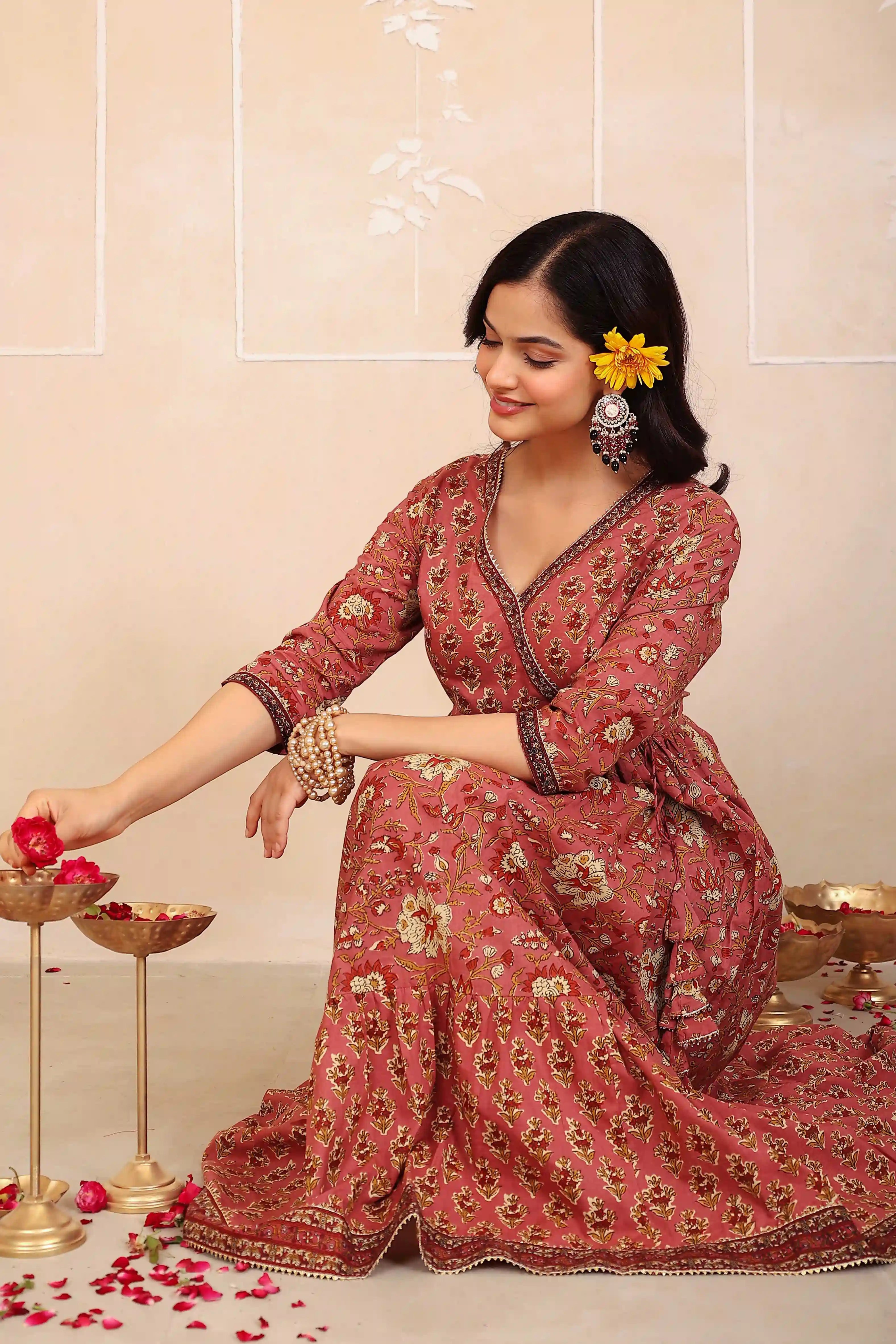 Brown Floral Hand Printed Angrakha Kurta