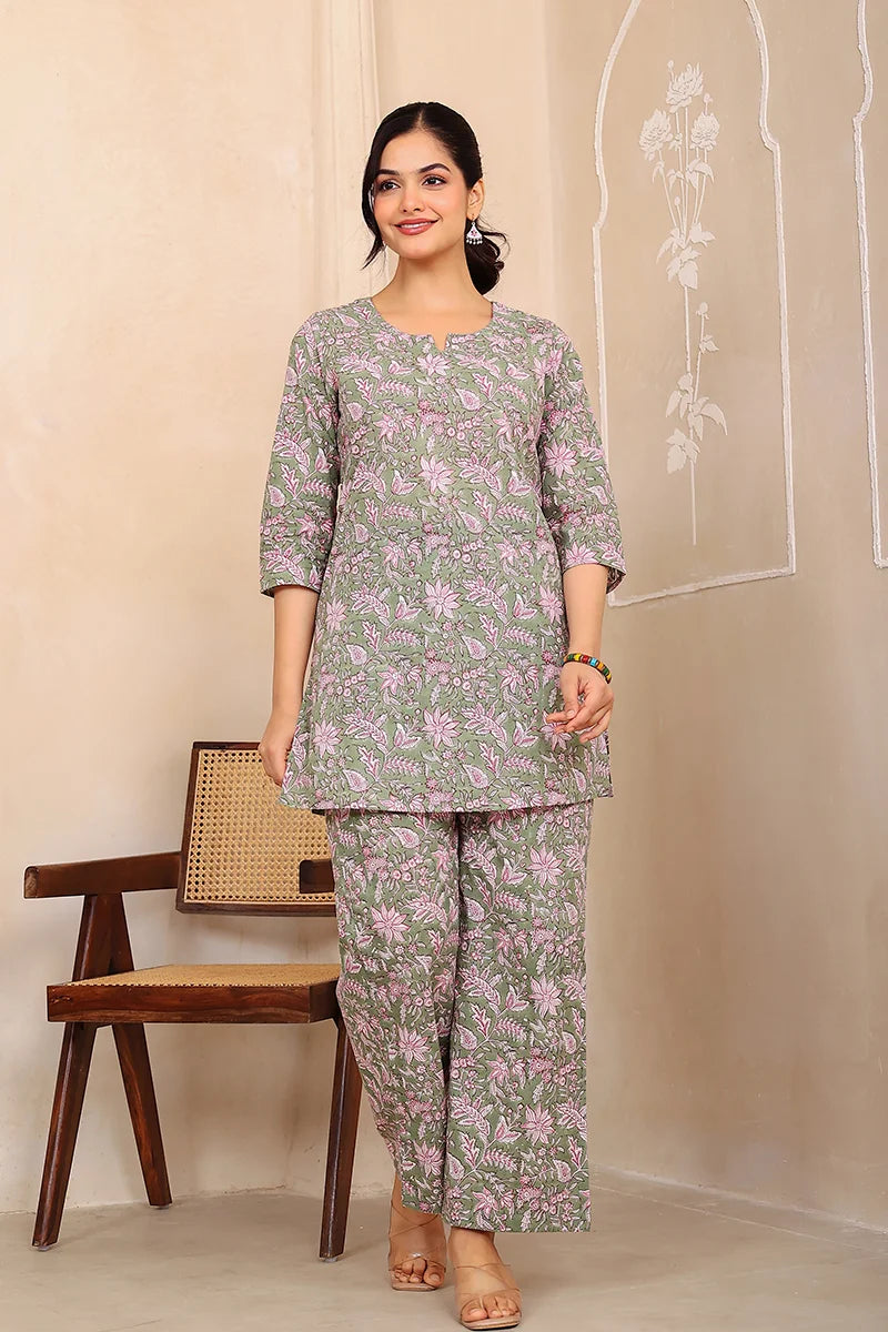 Mehndi Green Hand Block Printed Co-Ord Set