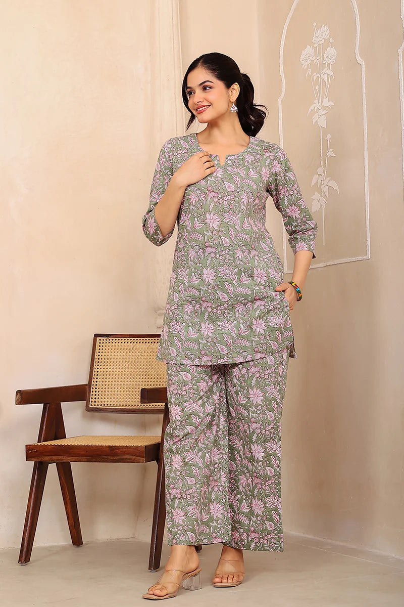 Mehndi Green Hand Block Printed Co-Ord Set