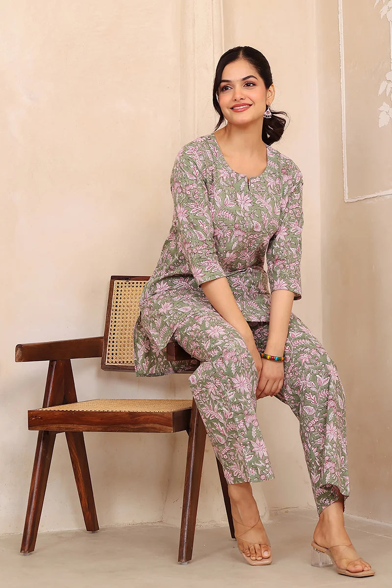 Mehndi Green Hand Block Printed Co-Ord Set