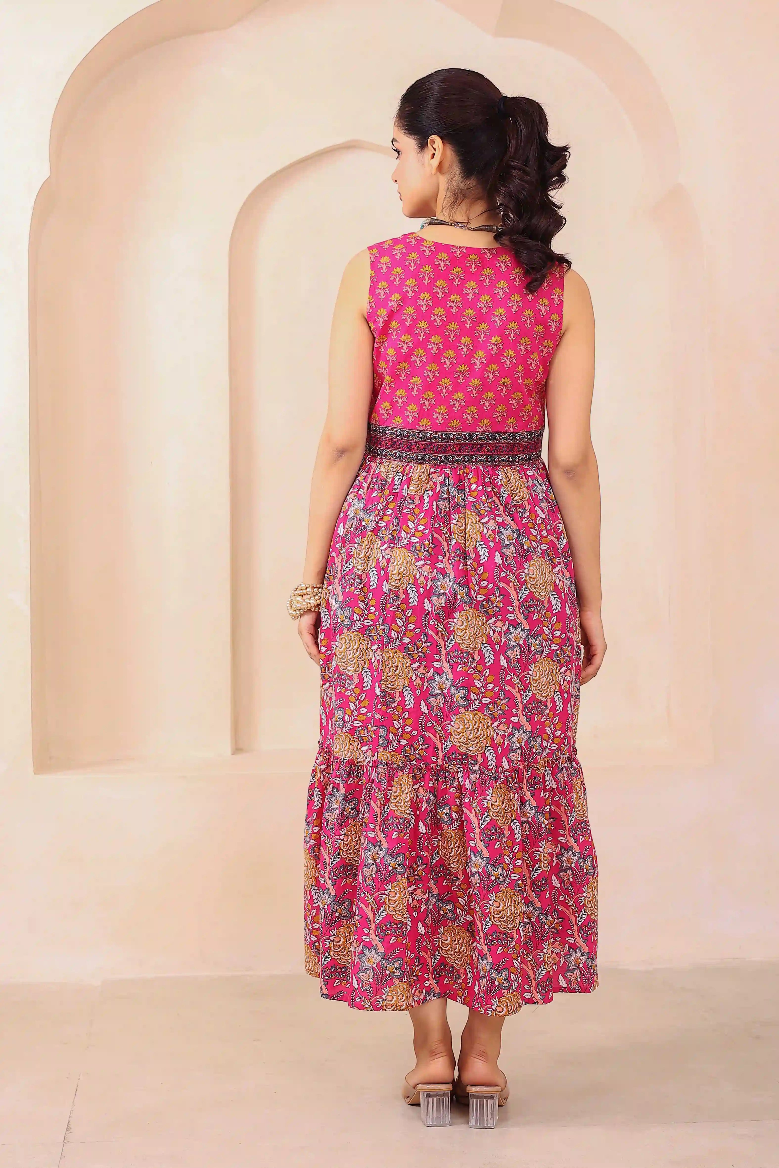 Dark Pink Floral Hand Printed Cotton Sleeveless Dress