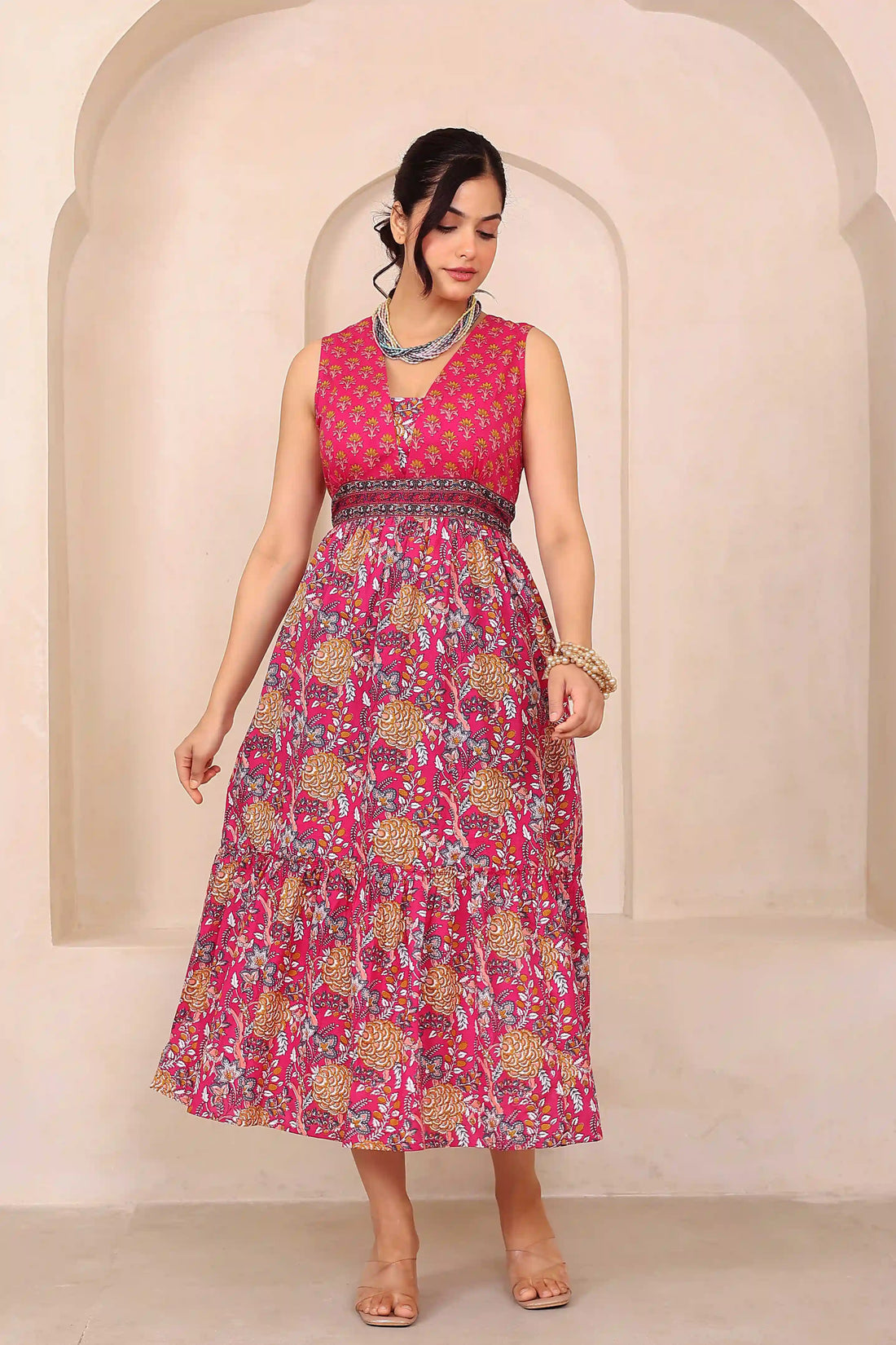 Dark Pink Floral Hand Printed Cotton Sleeveless Dress