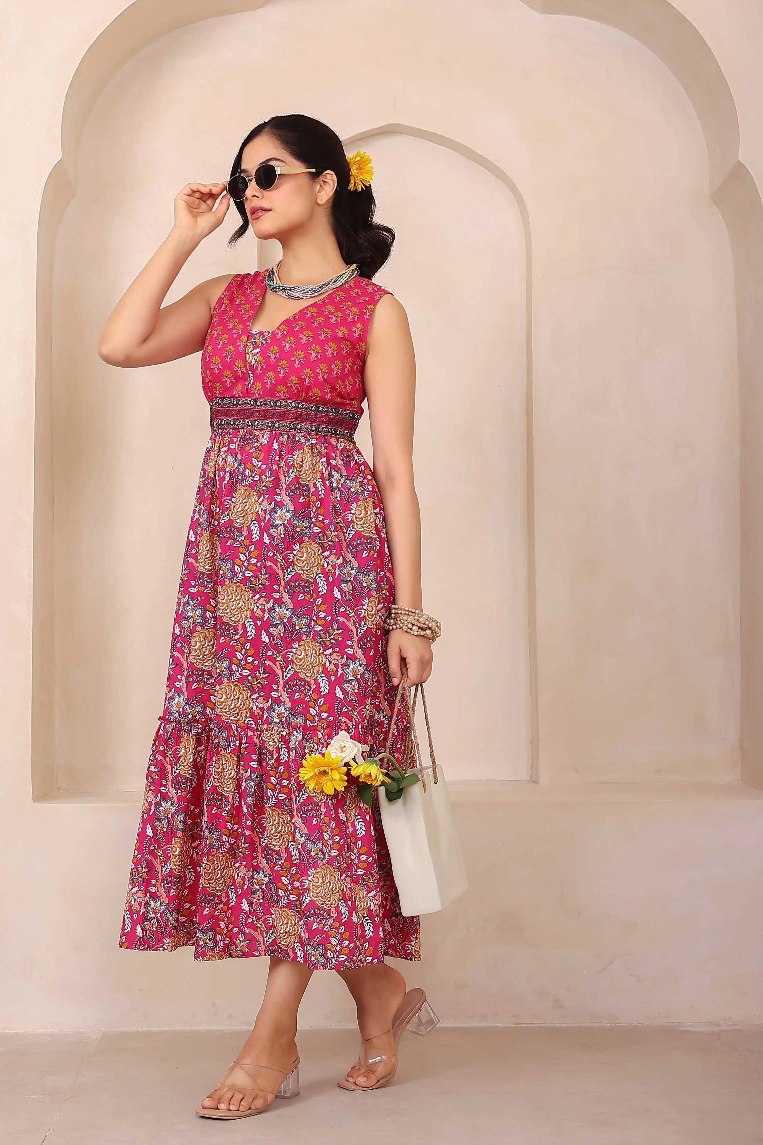 Dark Pink Floral Hand Printed Cotton Sleeveless Dress