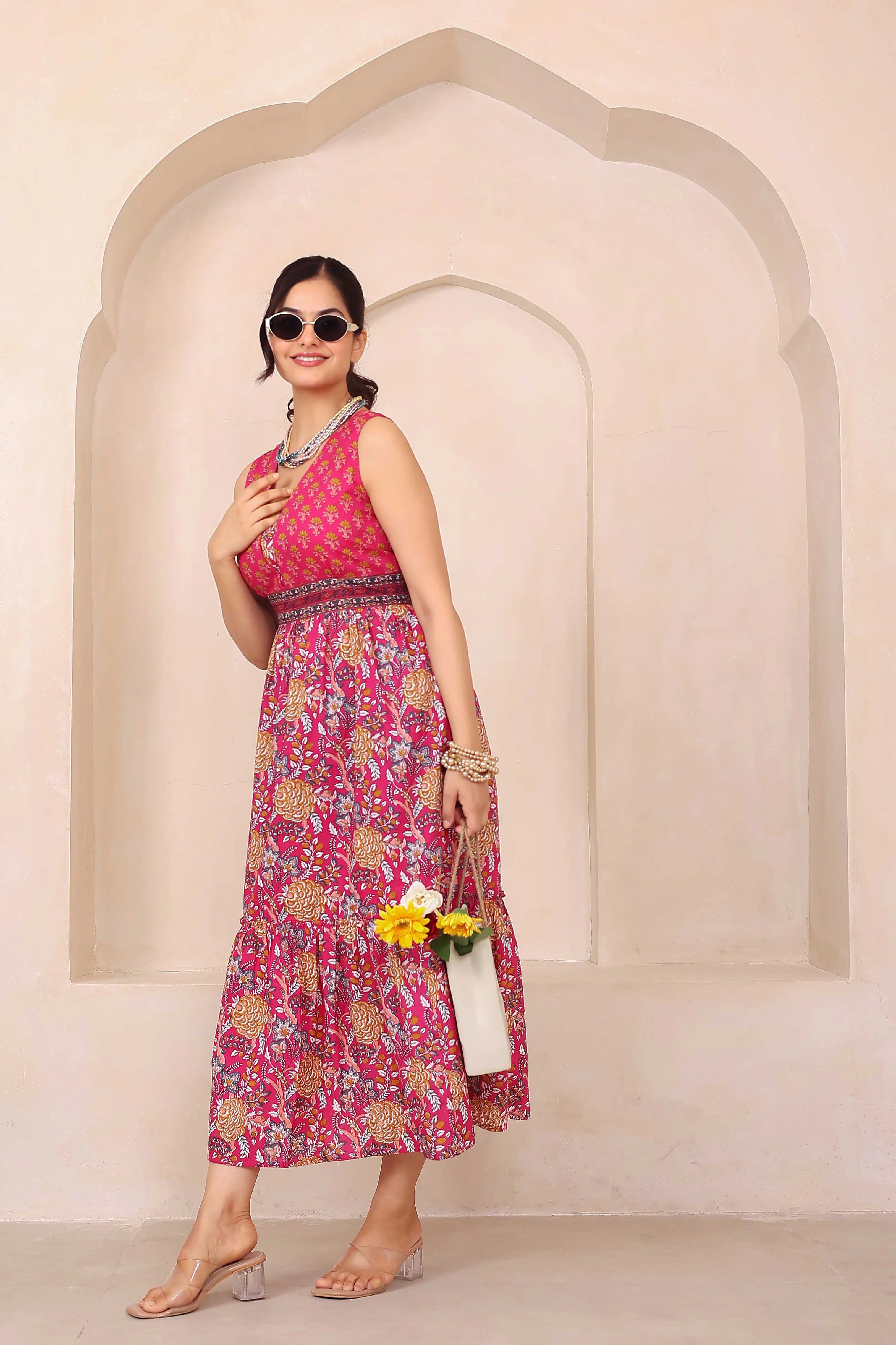 Dark Pink Floral Hand Printed Cotton Sleeveless Dress