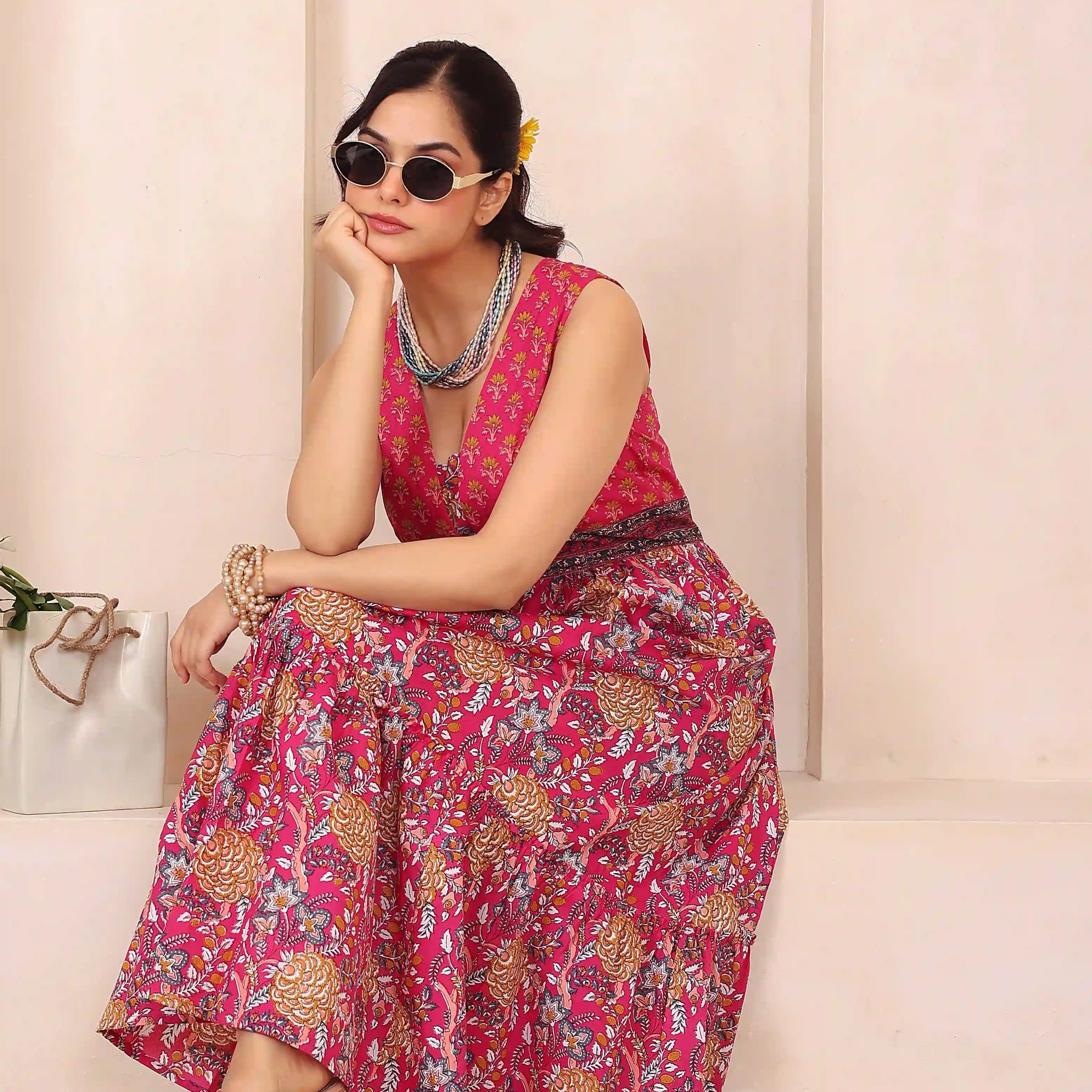 Dark Pink Floral Hand Printed Cotton Sleeveless Dress