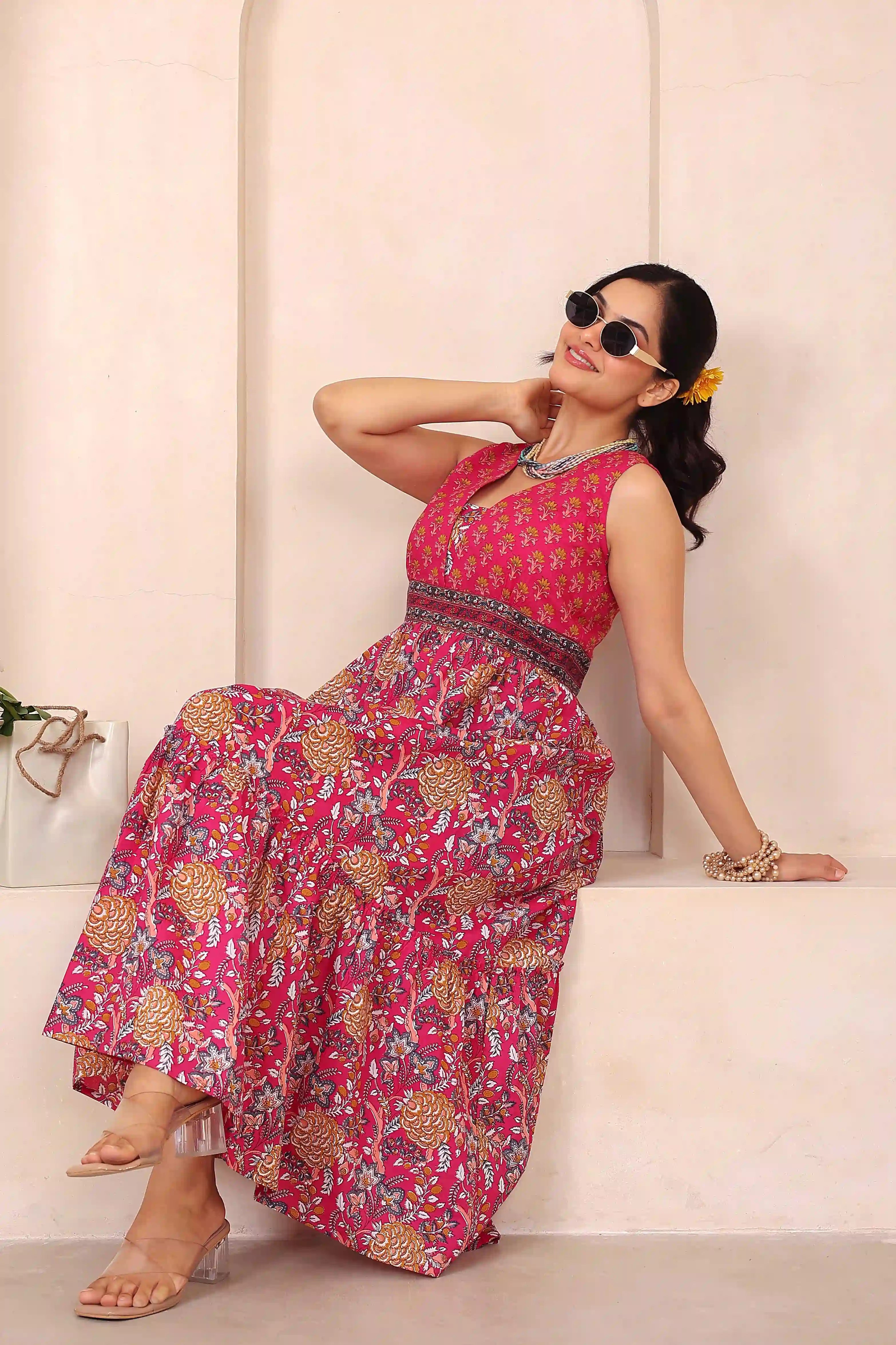 Dark Pink Floral Hand Printed Cotton Sleeveless Dress