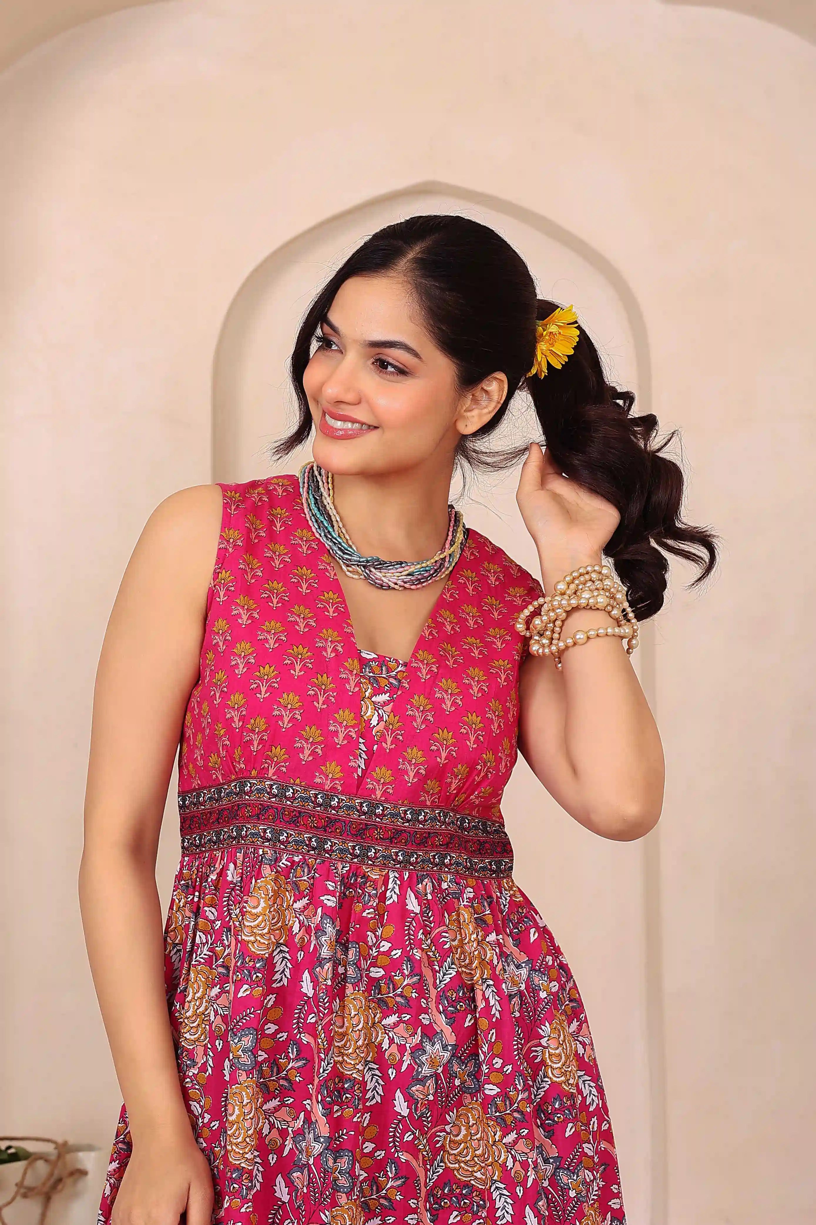 Dark Pink Floral Hand Printed Cotton Sleeveless Dress